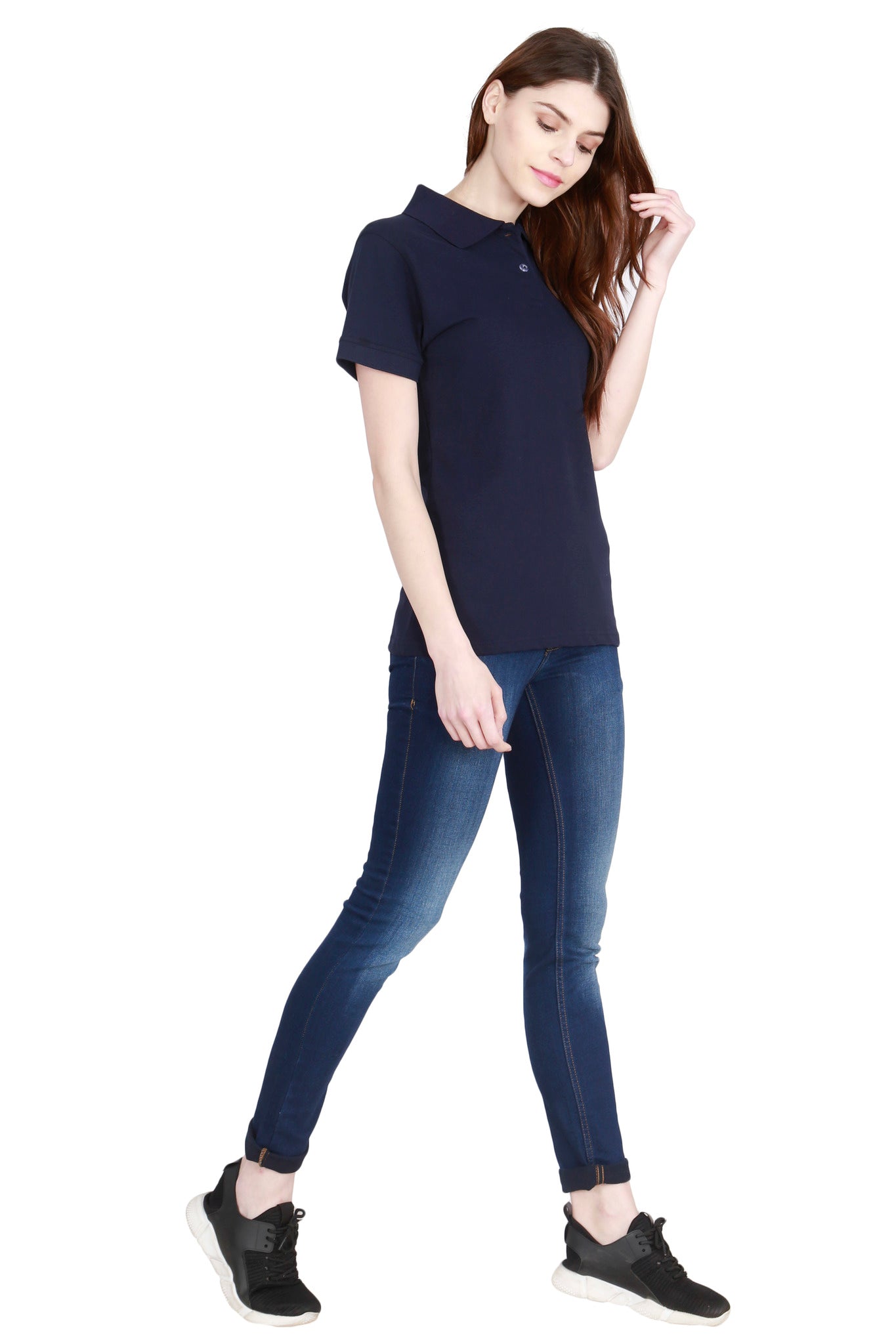 Women's Cotton Plain Polo Neck Navy Blue Color T-Shirt