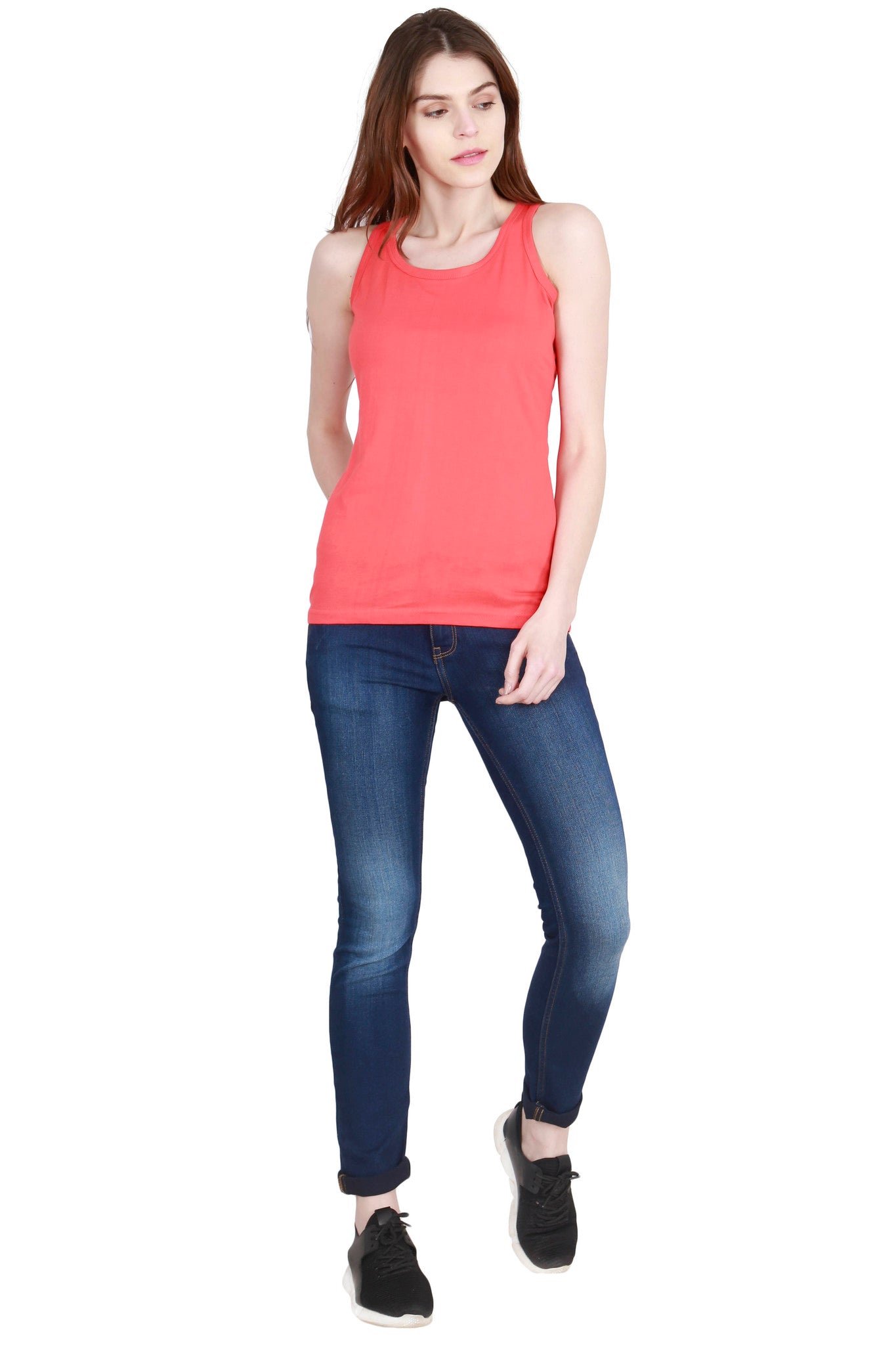 Women's Cotton Plain Sleeveless Coral Red Color Top