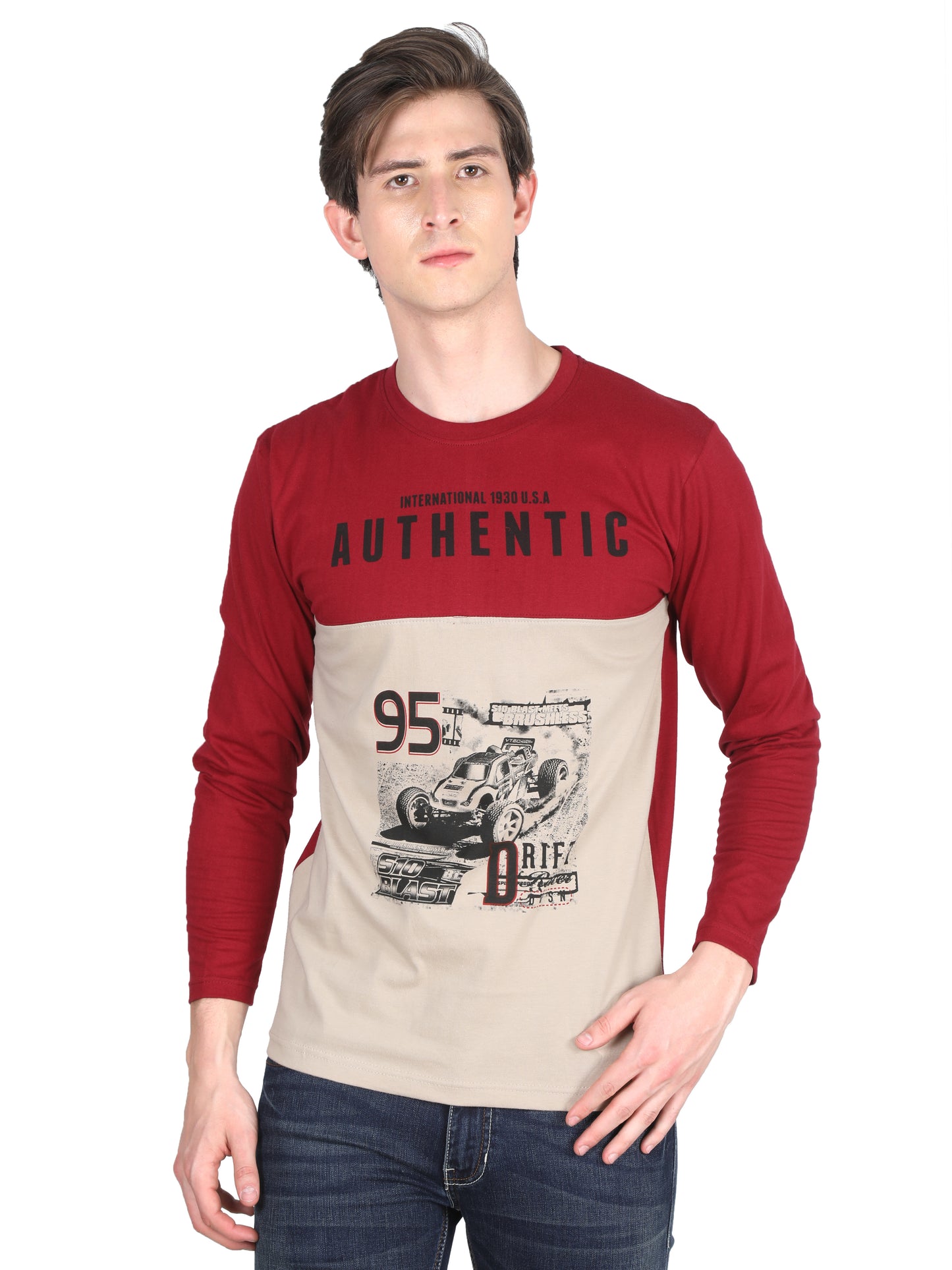 Men's Cotton Color Block Printed Round Neck Full Sleeve T-Shirt