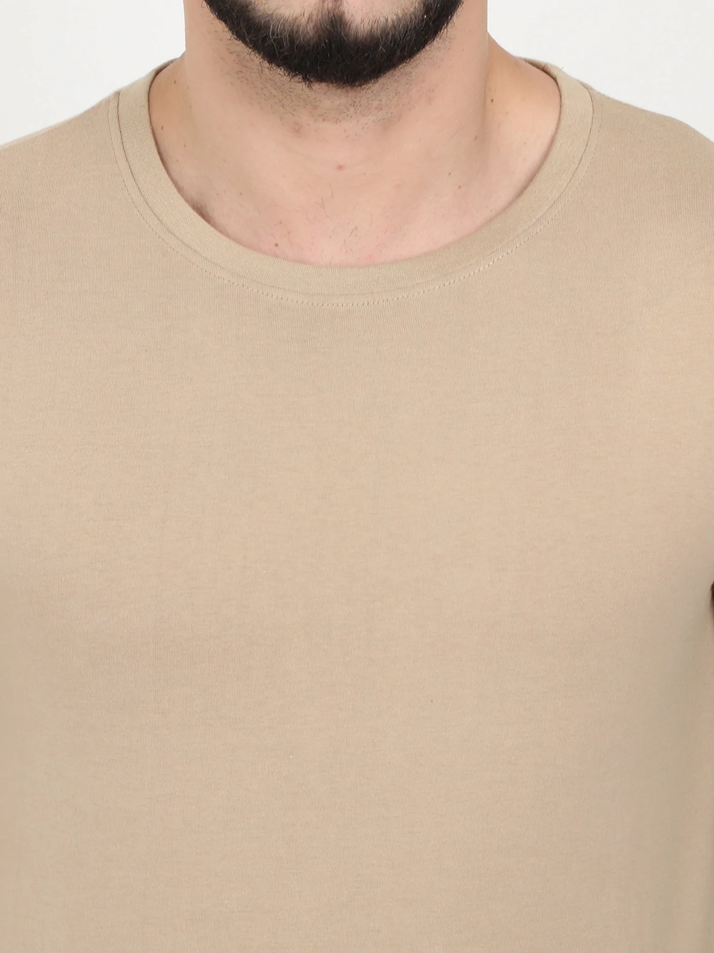 Men's Cotton Plain Round Neck Full Sleeve Biscuit Color T-Shirt