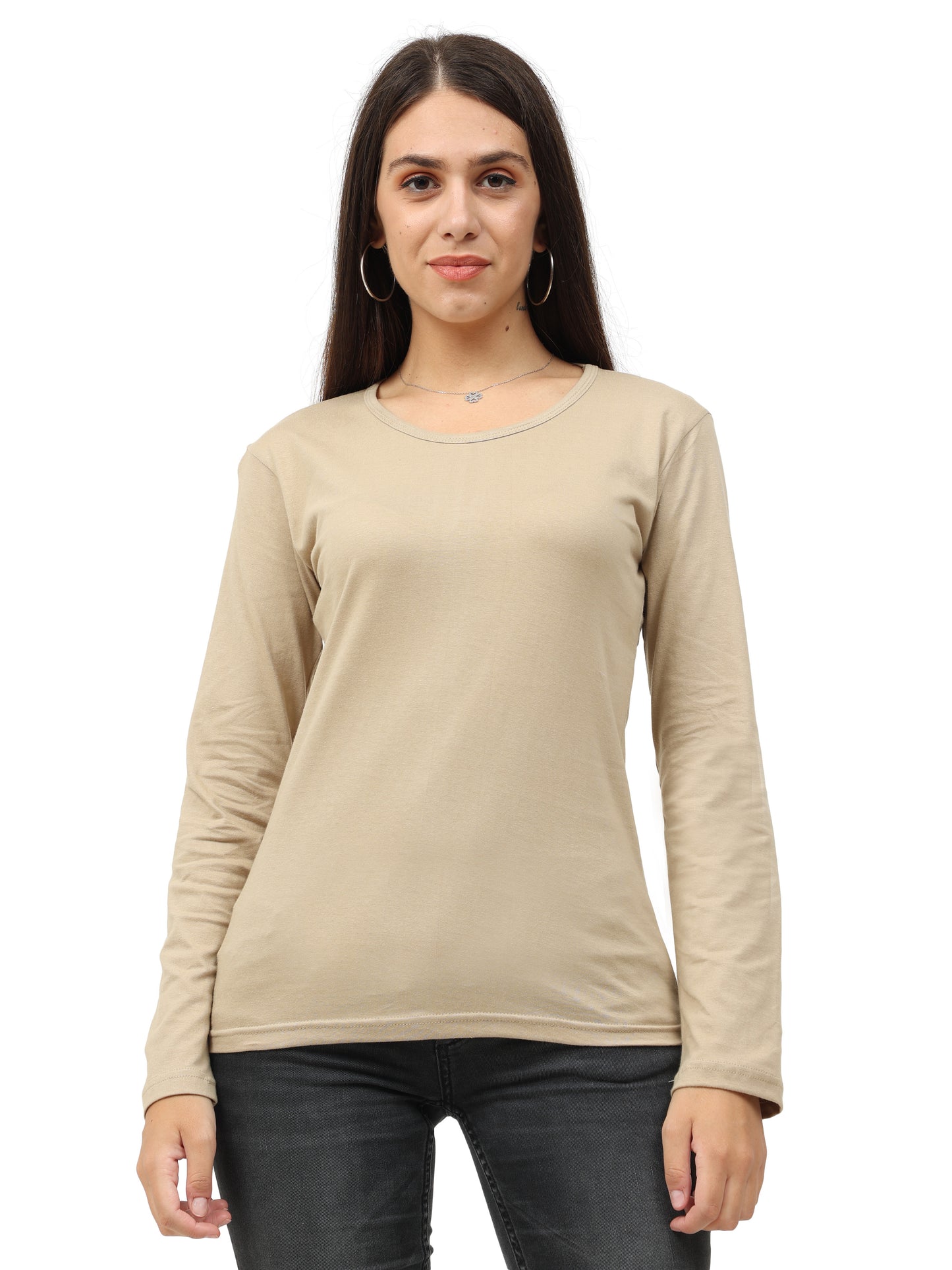 Women's Cotton Plain Round Neck Full Sleeve Biscuit Color T-Shirt