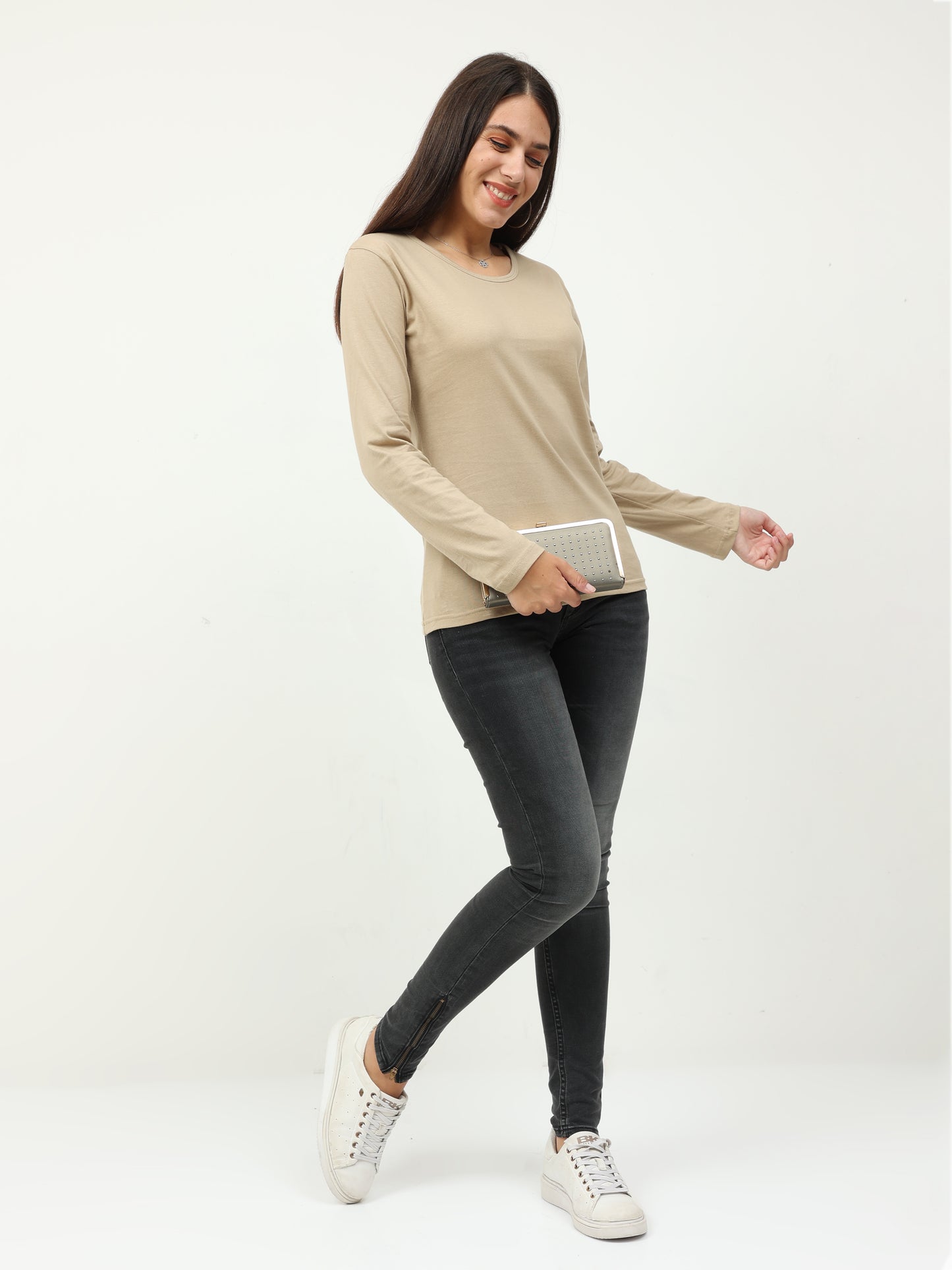 Women's Cotton Plain Round Neck Full Sleeve Biscuit Color T-Shirt