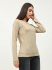 Women's Cotton Plain Round Neck Full Sleeve Biscuit Color T-Shirt