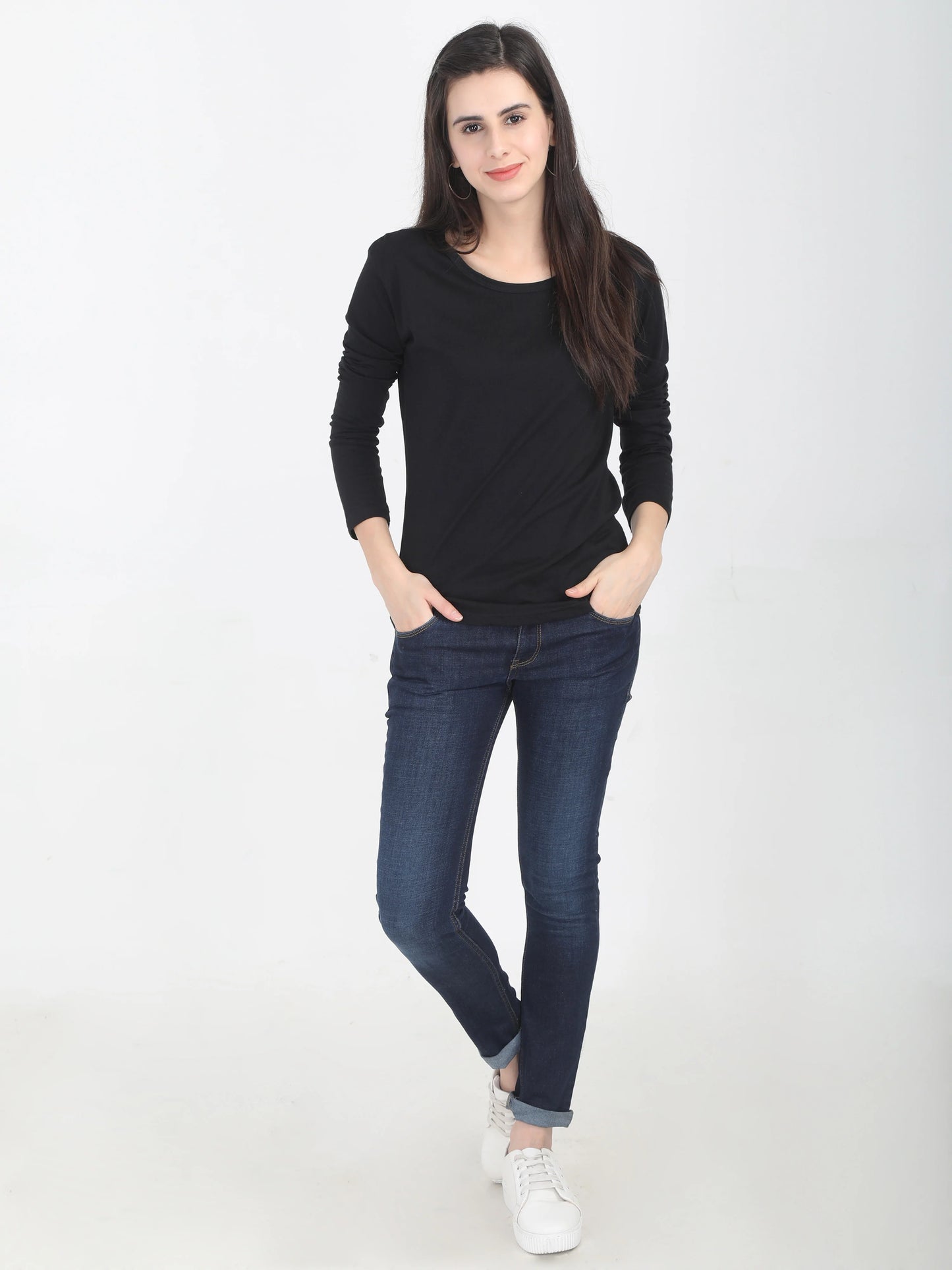 Women's Cotton Plain Round Neck Full Sleeve Black Color T-Shirt