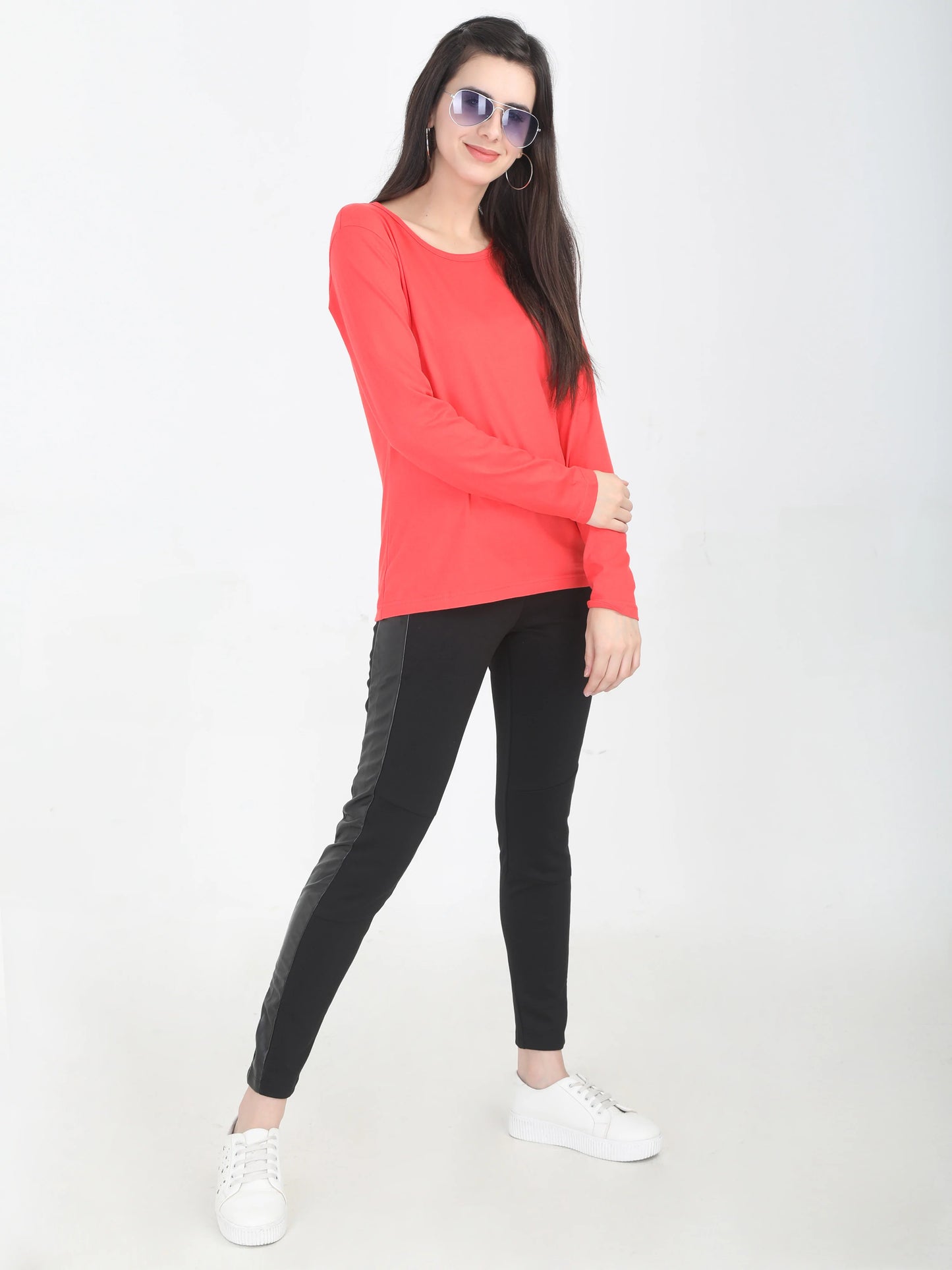 Women's Cotton Plain Round Neck Full Sleeve Coral Red Color T-Shirt