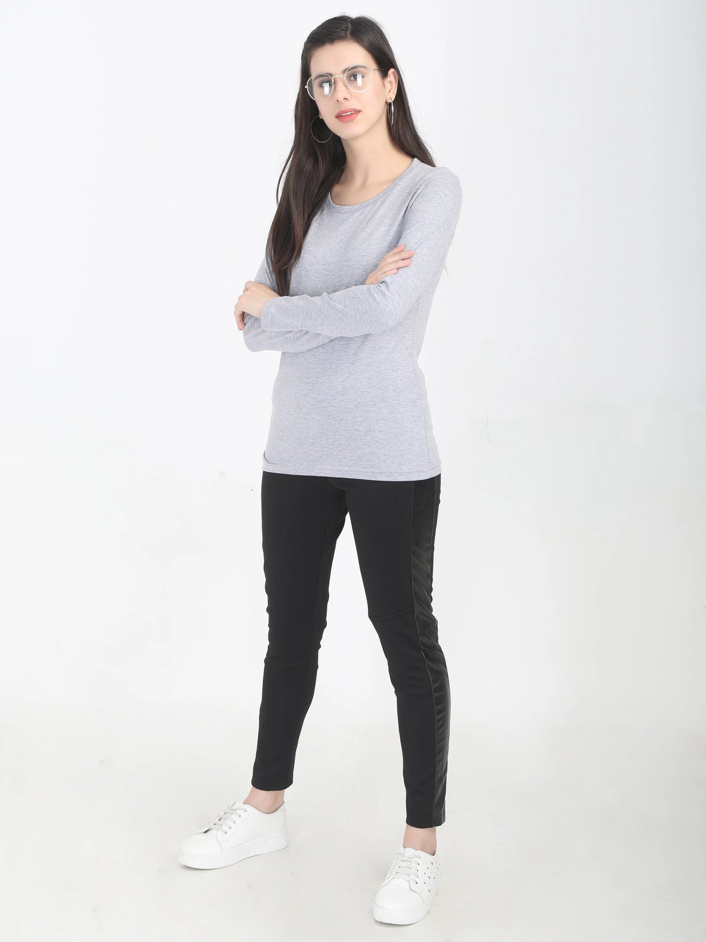 Women's Cotton Plain Round Neck Full Sleeve Grey Melange Color T-Shirt