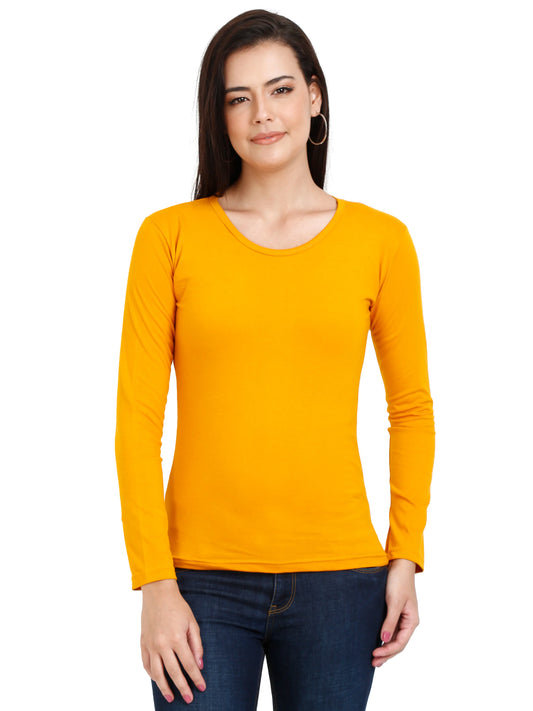 Women's Cotton Plain Round Neck Full Sleeve Mustard Yellow Color T-Shirt