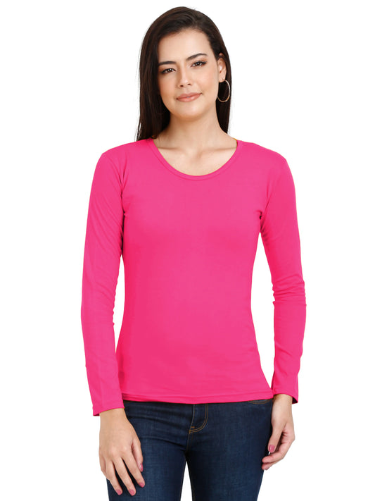 Women's Cotton Plain Round Neck Full Sleeve Pink Color T-Shirt