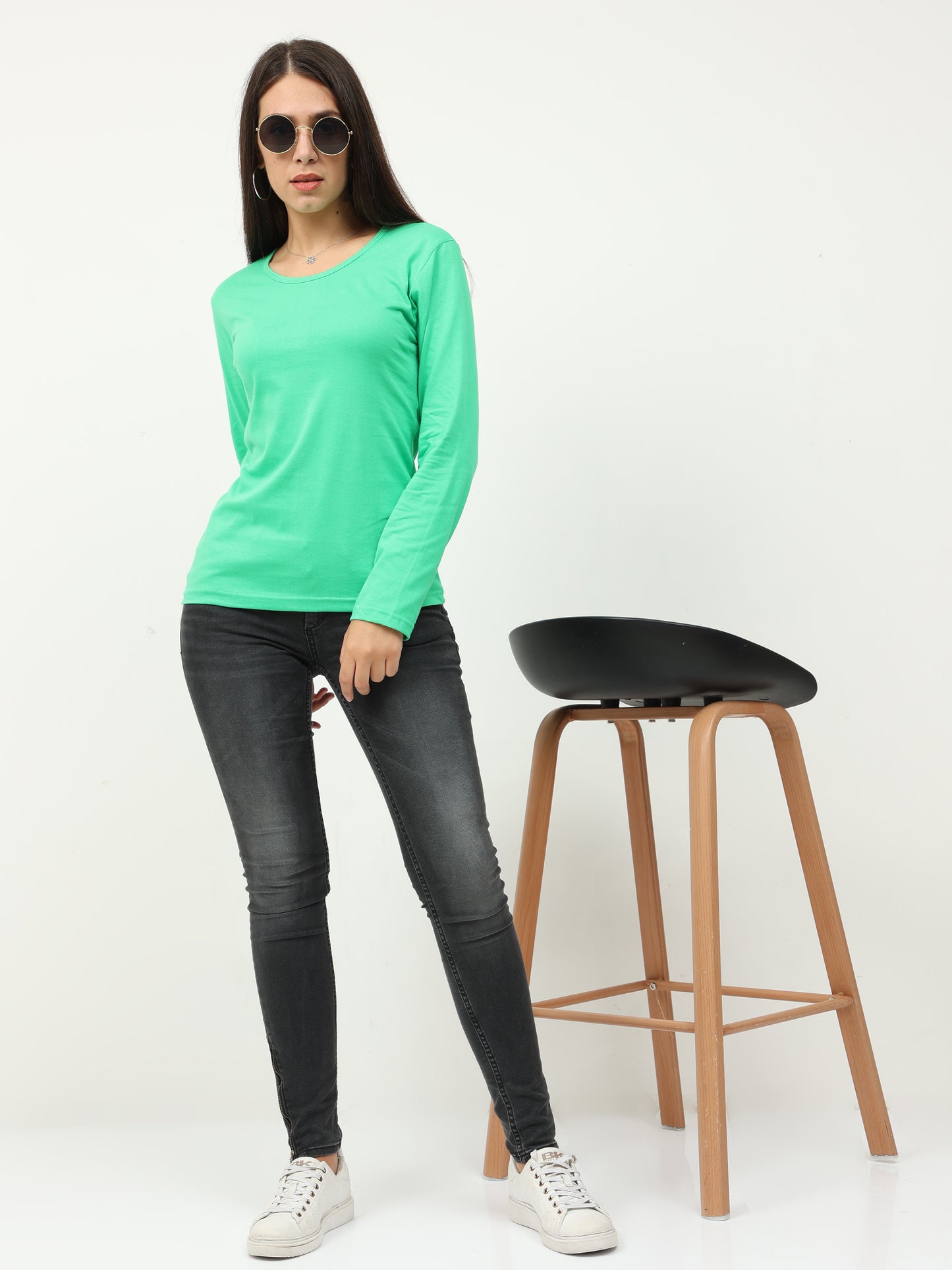 Women's Cotton Plain Round Neck Full Sleeve Pista Green Color T-Shirt
