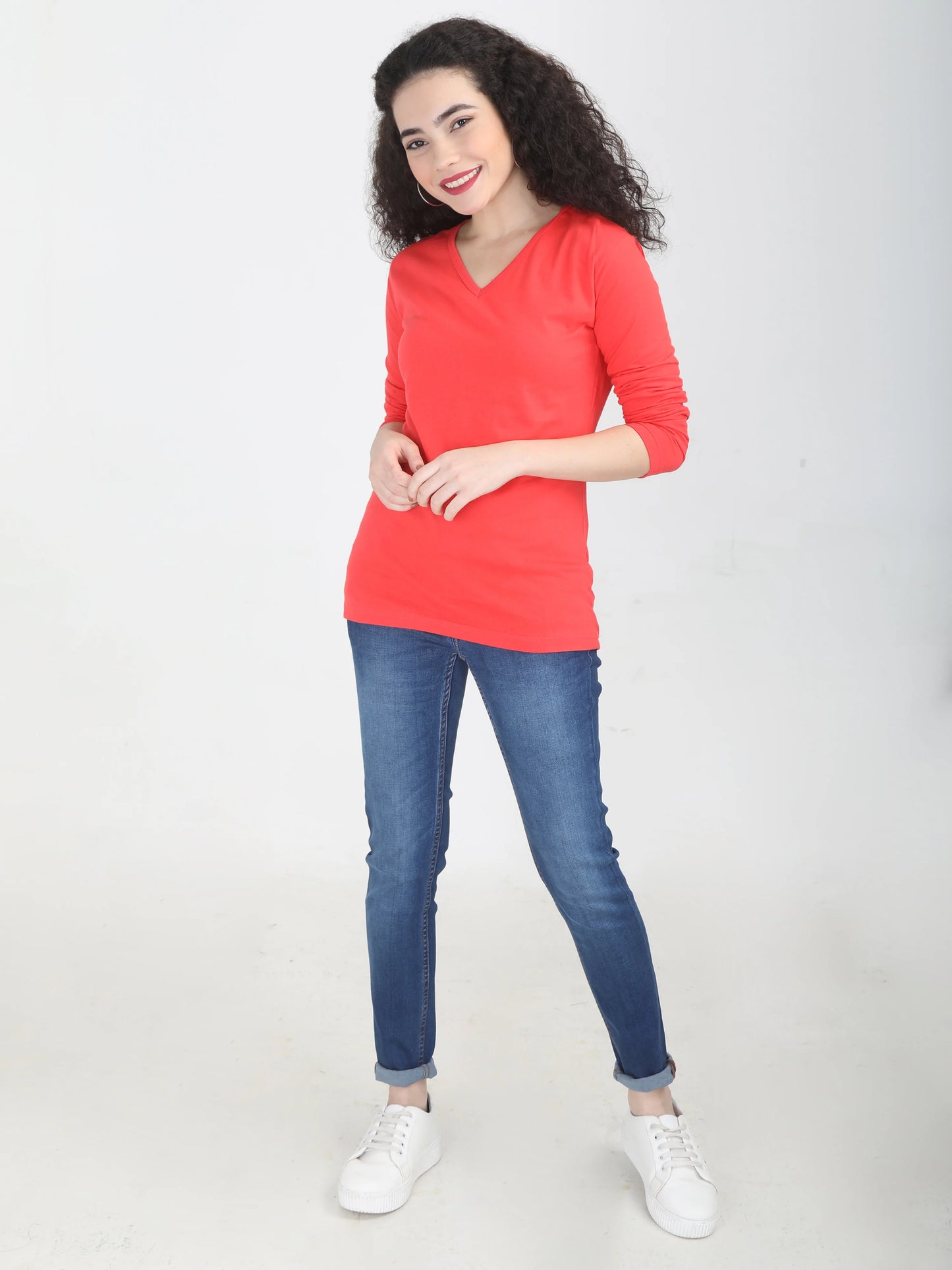 Women's Cotton Plain V Neck Full Sleeve Coral Red Color T-Shirt