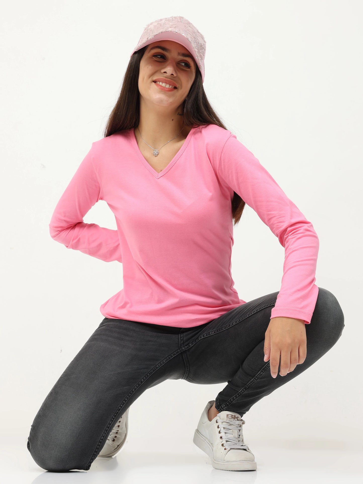 Women's Cotton Plain V Neck Full Sleeve Light Pink Color T-Shirt