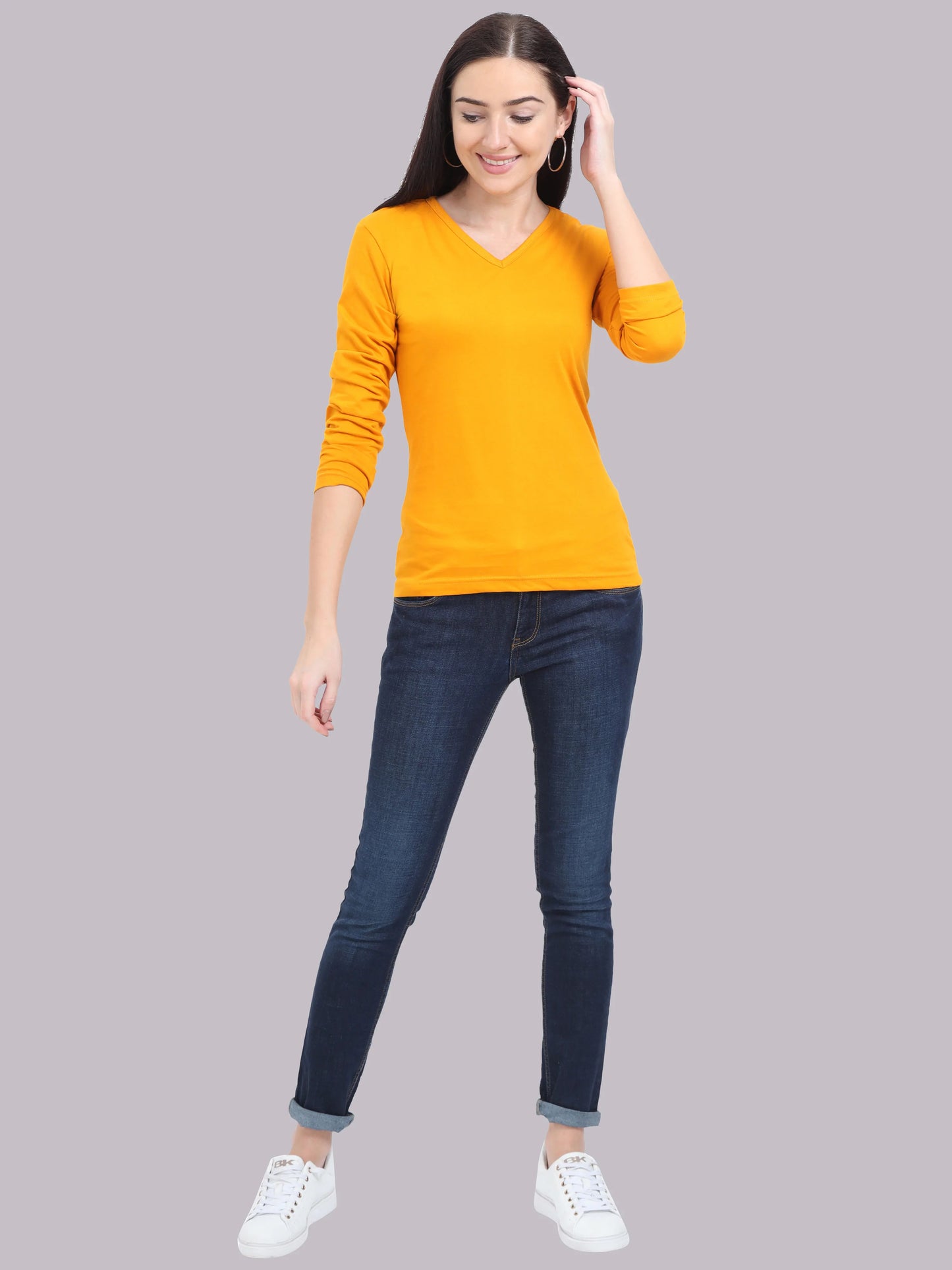 Women's Cotton Plain V Neck Full Sleeve Mustard Yellow Color T-Shirt