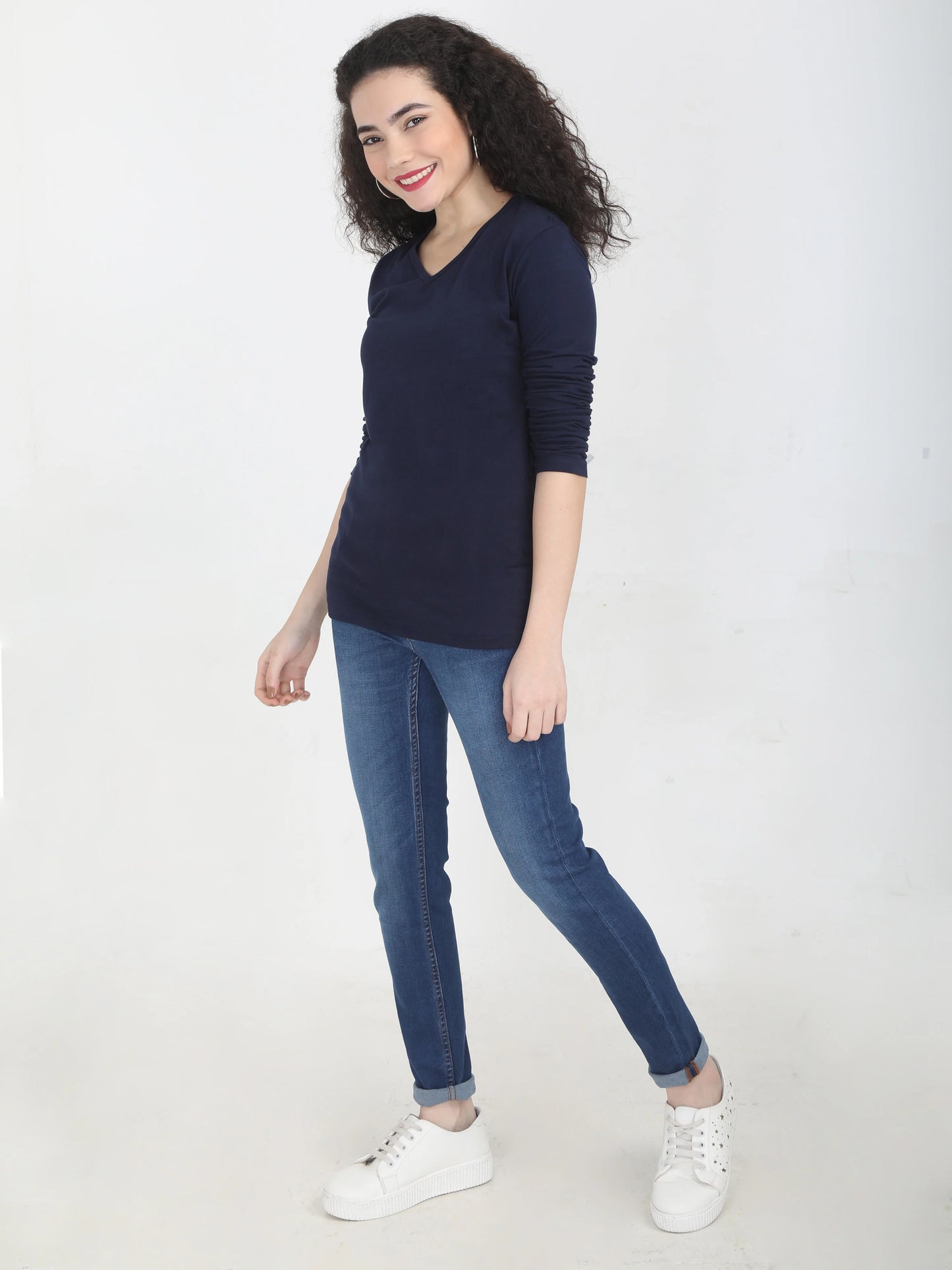 Women's Cotton Plain V Neck Full Sleeve Navy Blue Color T-Shirt