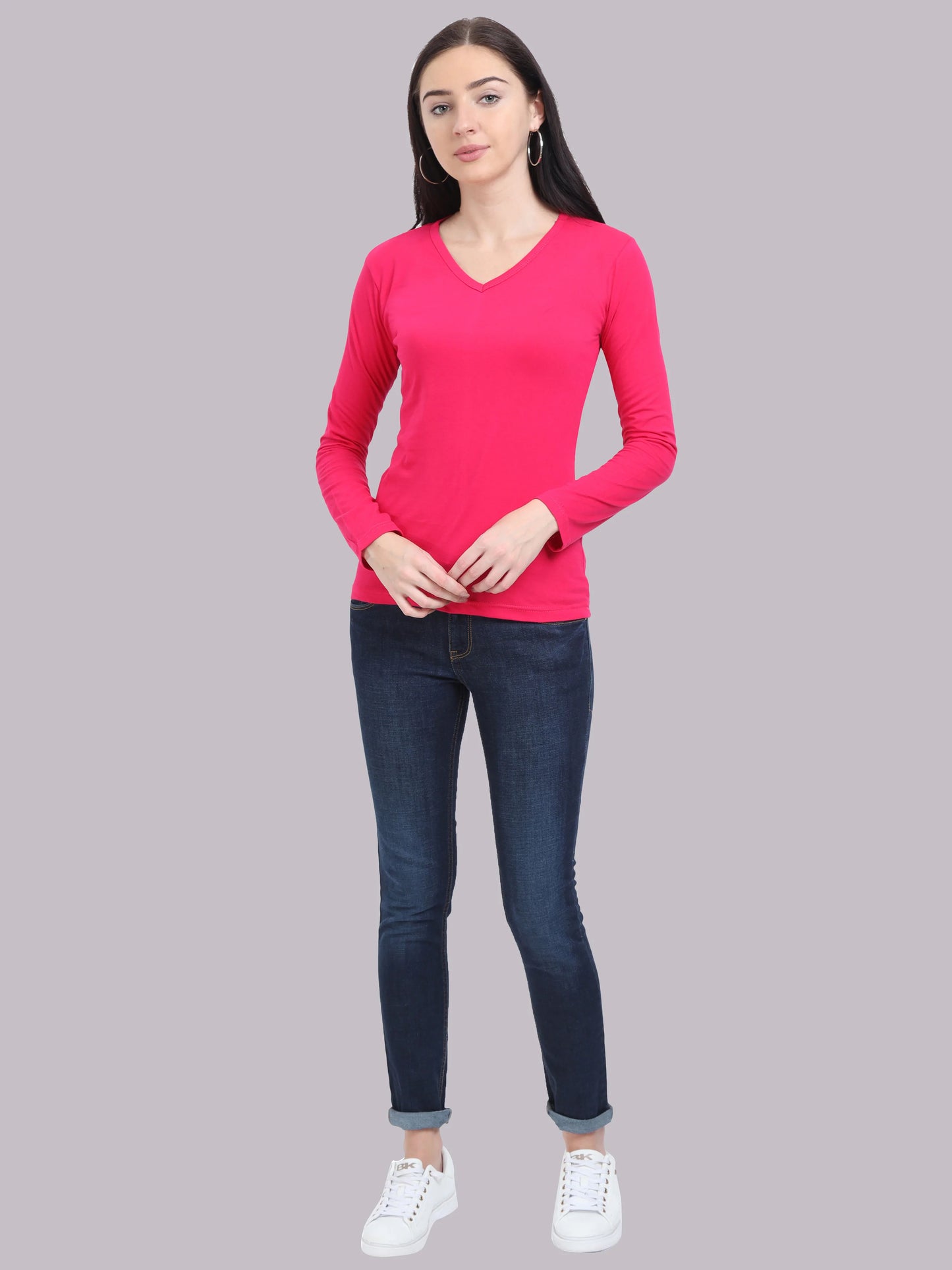 Women's Cotton Plain V Neck Full Sleeve Pink Color T-Shirt