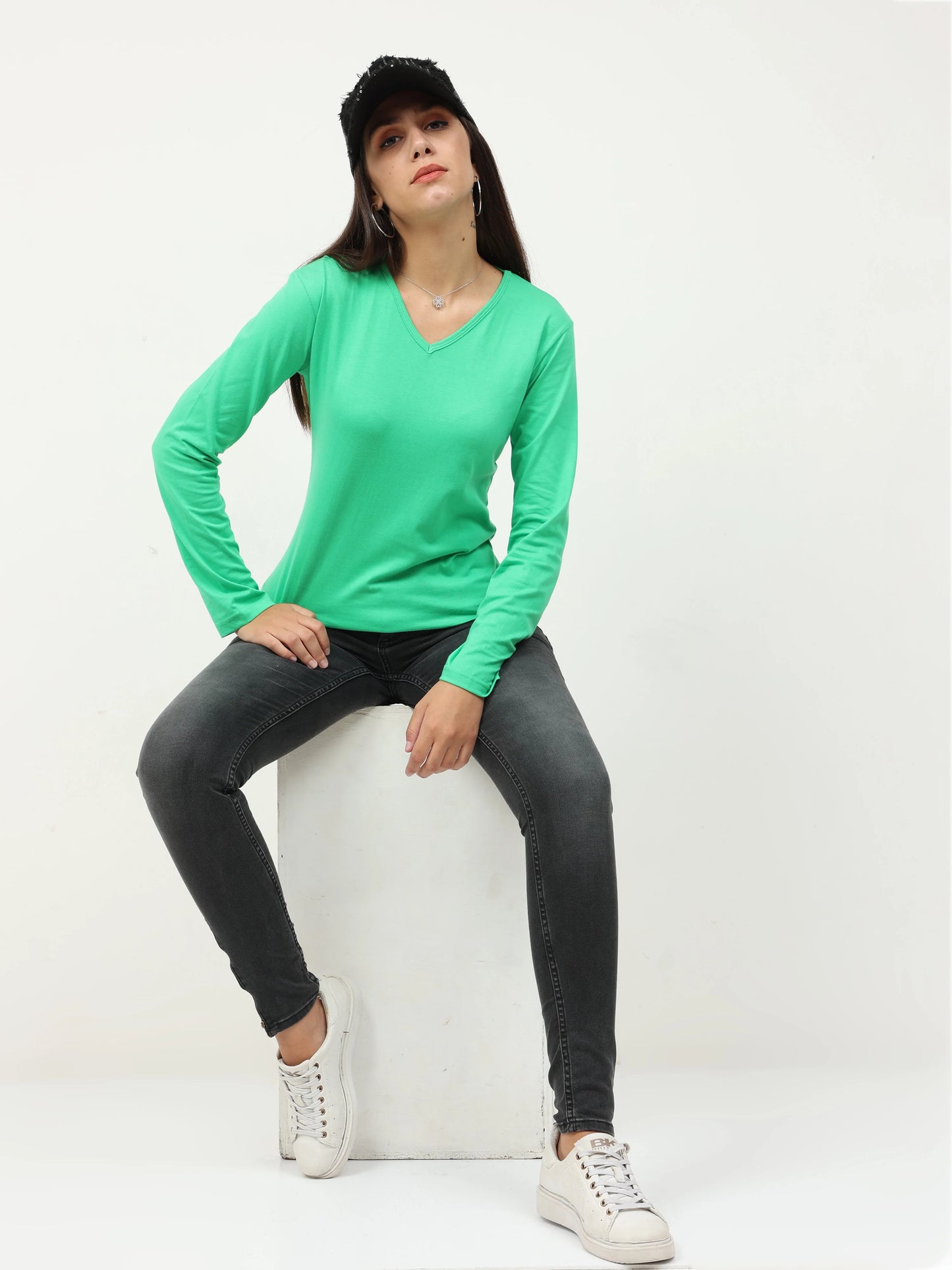 Women's Cotton Plain V Neck Full Sleeve Pista Green Color T-Shirt