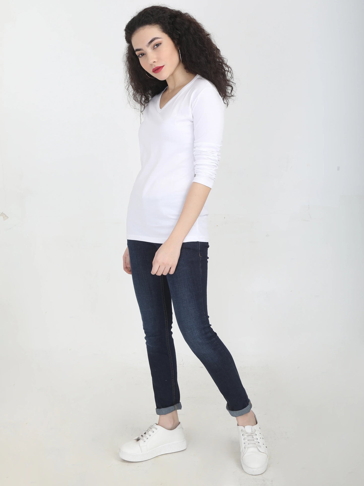 Women's Cotton Plain V Neck Full Sleeve White Color T-Shirt