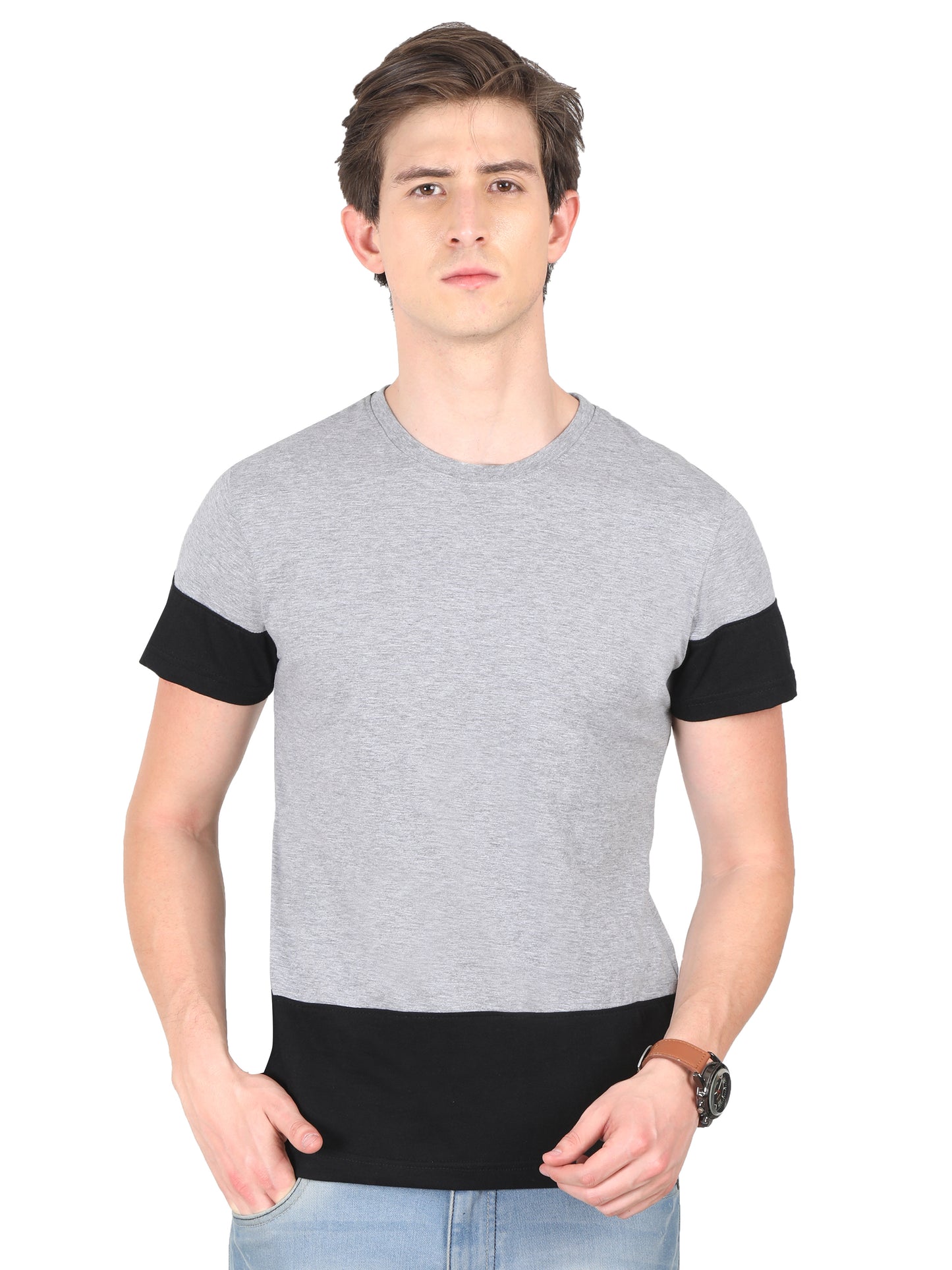 Men's Cotton Round Neck Color Block Half Sleeve T-Shirt