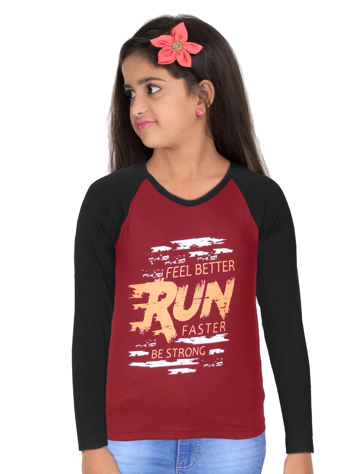 Boys & Girls Printed Raglan Full Sleeve Maroonblack Color T-Shirt