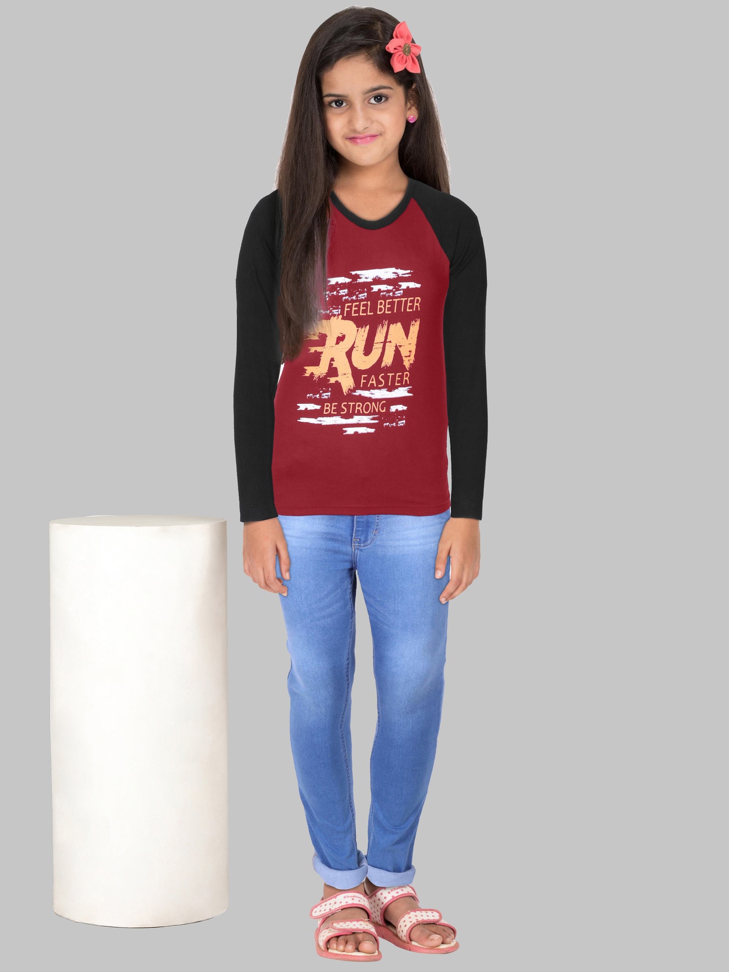 Boys & Girls Printed Raglan Full Sleeve Maroonblack Color T-Shirt