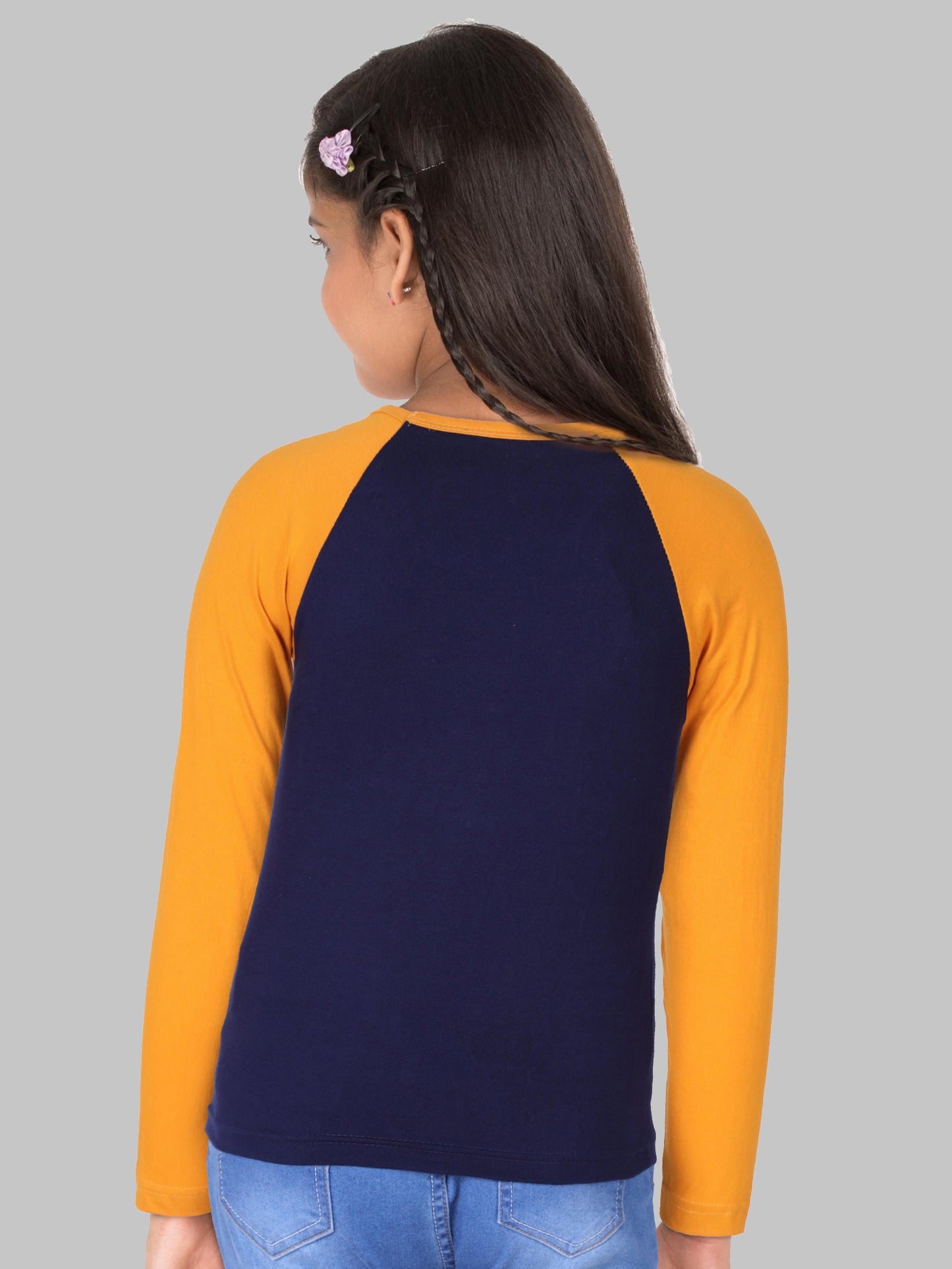 Boys & Girls Printed Raglan Full Sleeve Navymustard Color T-Shirt