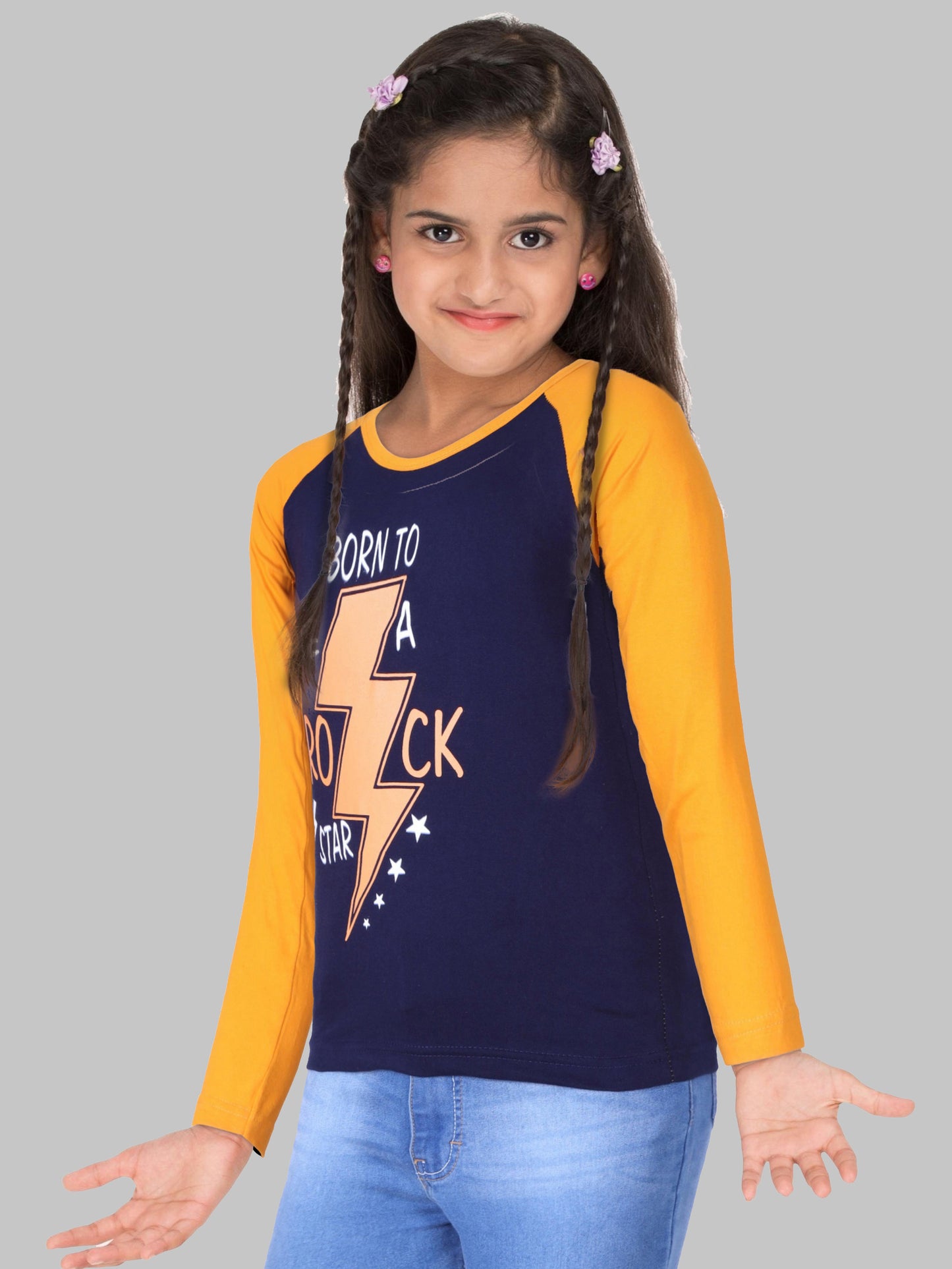 Boys & Girls Printed Raglan Full Sleeve Navymustard Color T-Shirt