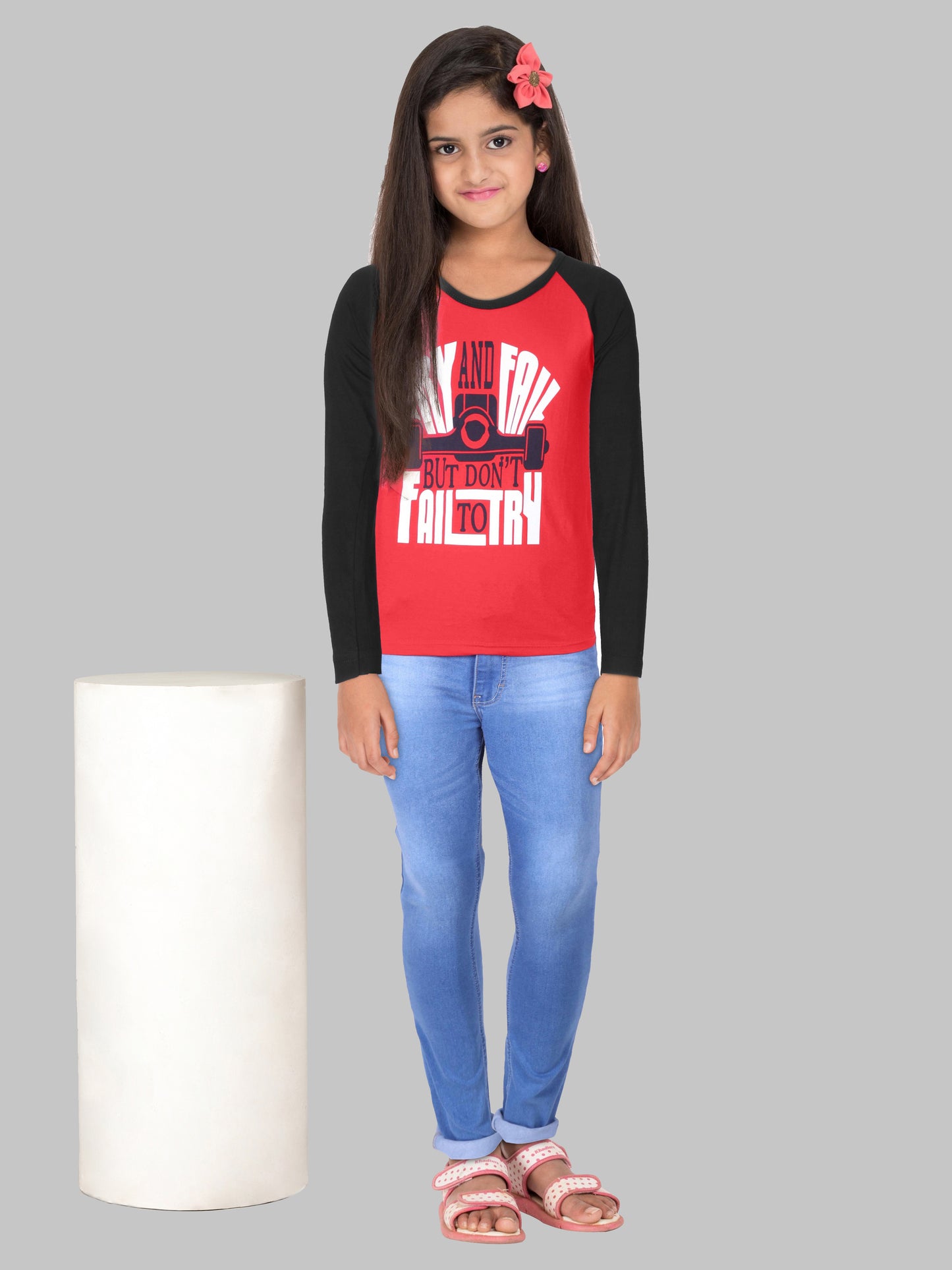 Boys & Girls Printed Raglan Full Sleeve Redblack Color T-Shirt