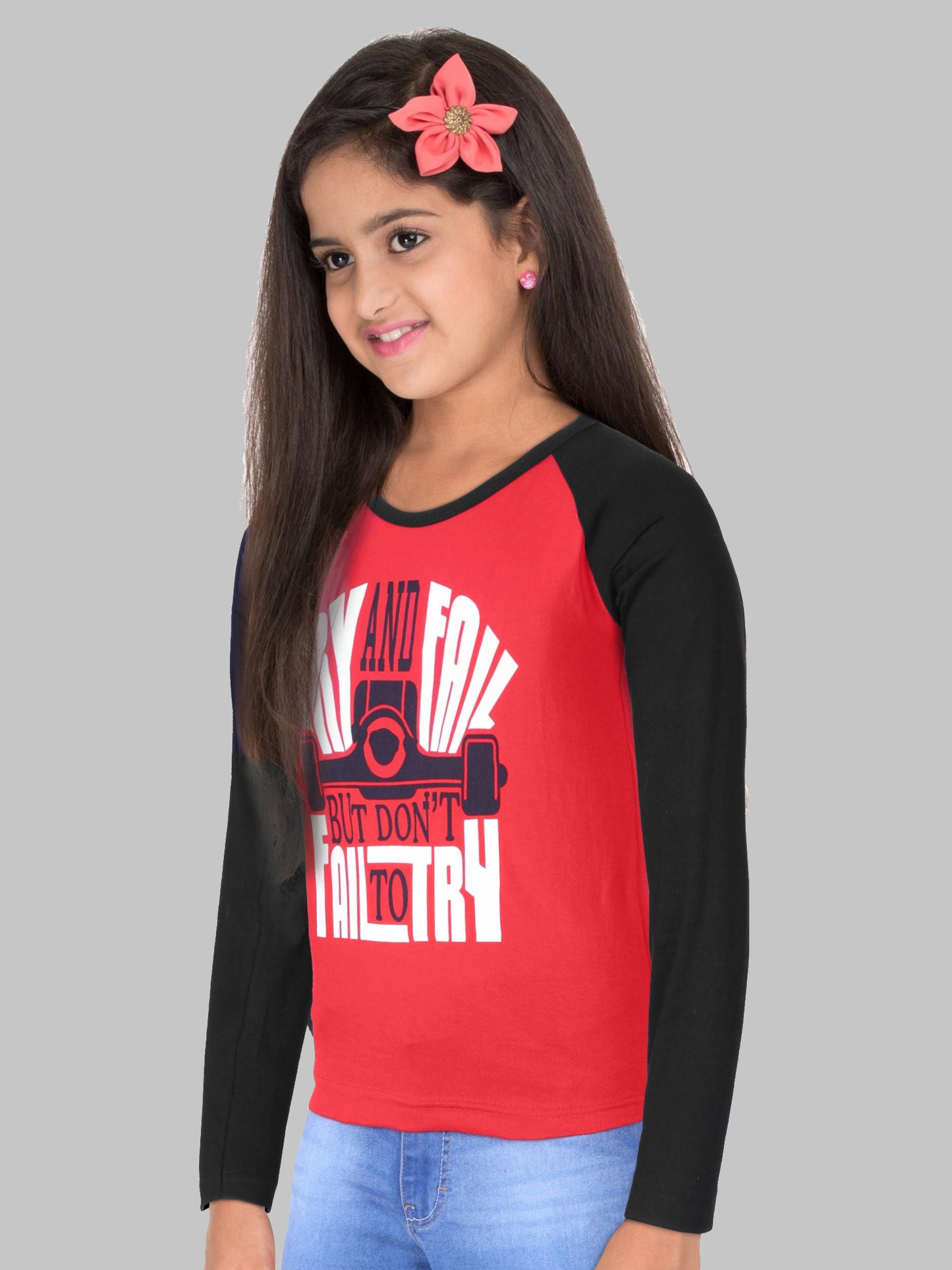 Boys & Girls Printed Raglan Full Sleeve Redblack Color T-Shirt