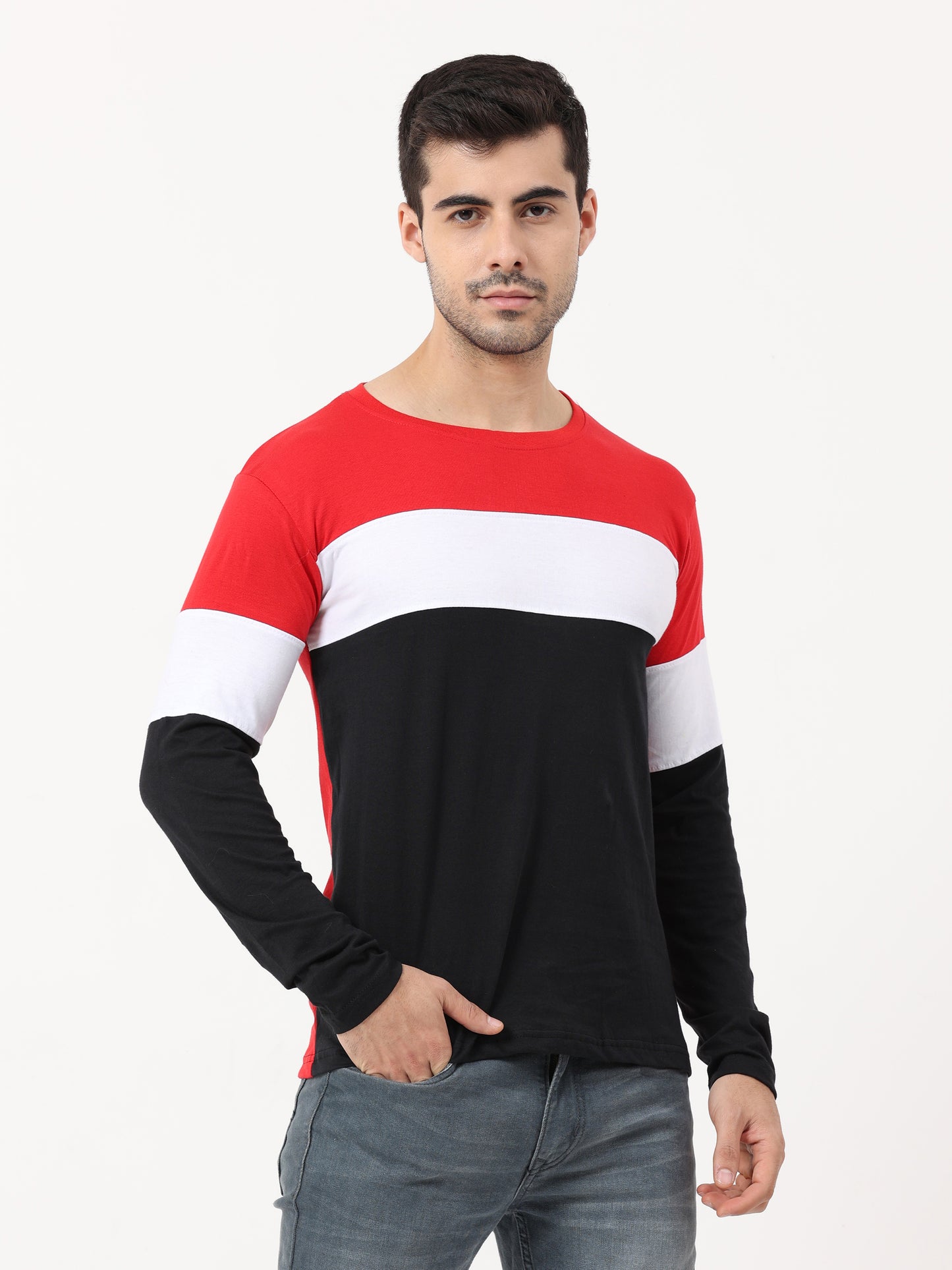 Men's Cotton Round Neck Color Block Full Sleeve T-Shirt