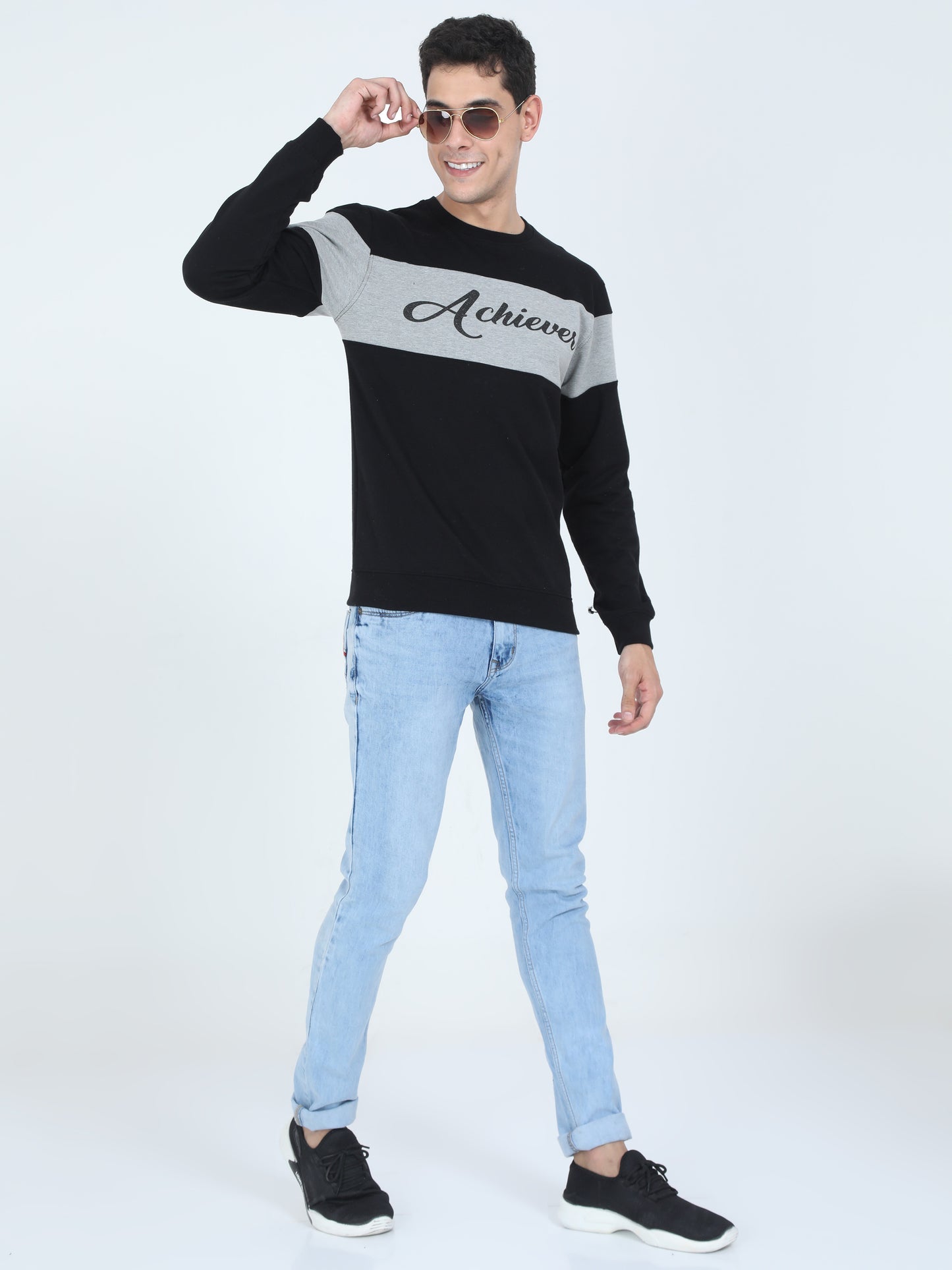 Men's Cotton Printed Color Block Greyblack Color Sweatshirt