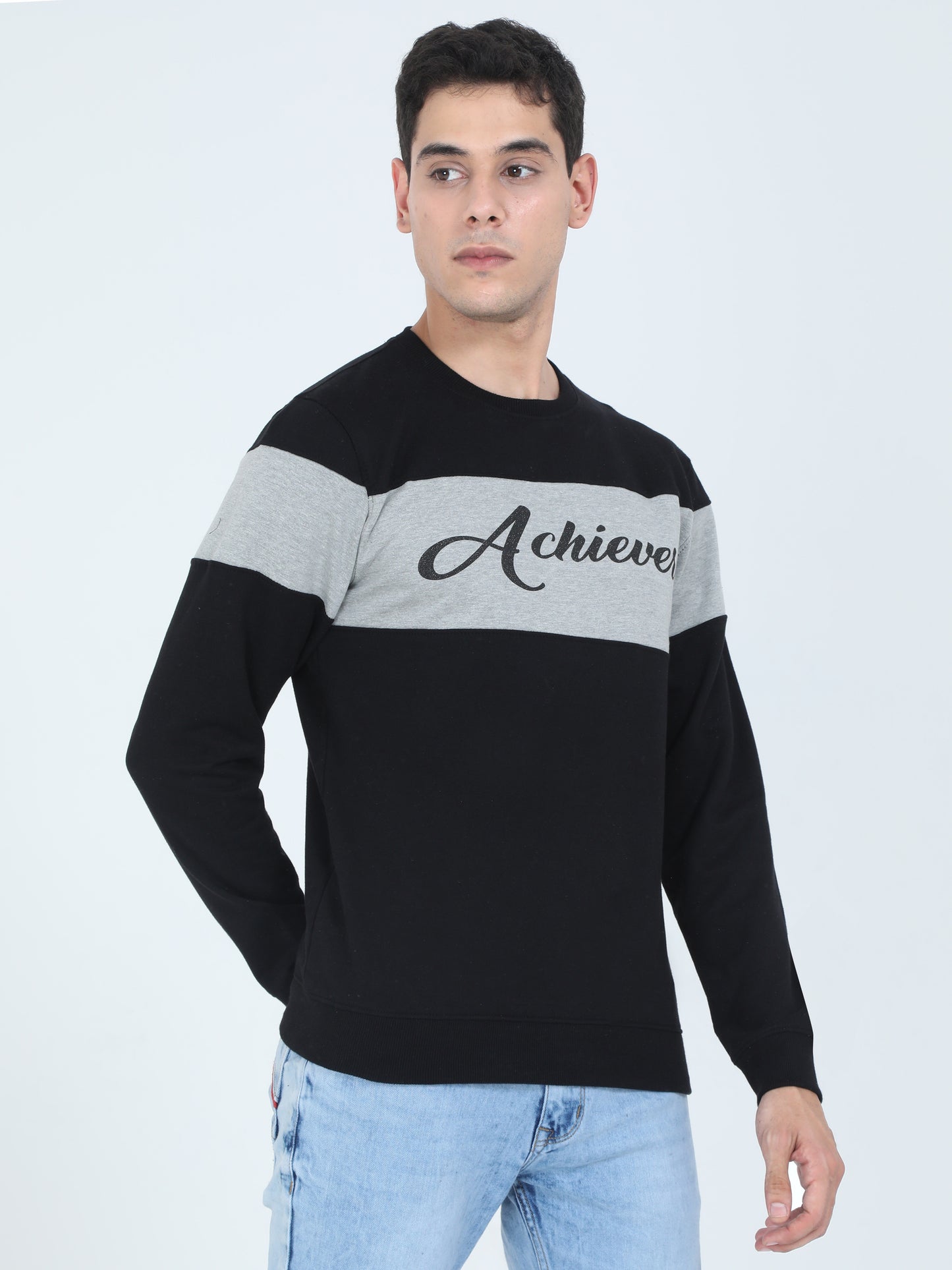 Men's Cotton Printed Color Block Greyblack Color Sweatshirt