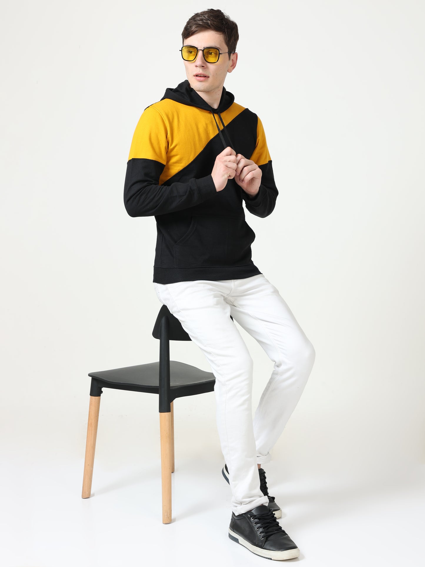 Men's Cotton Color Block Sweatshirt Mustardblack Color Hoodies