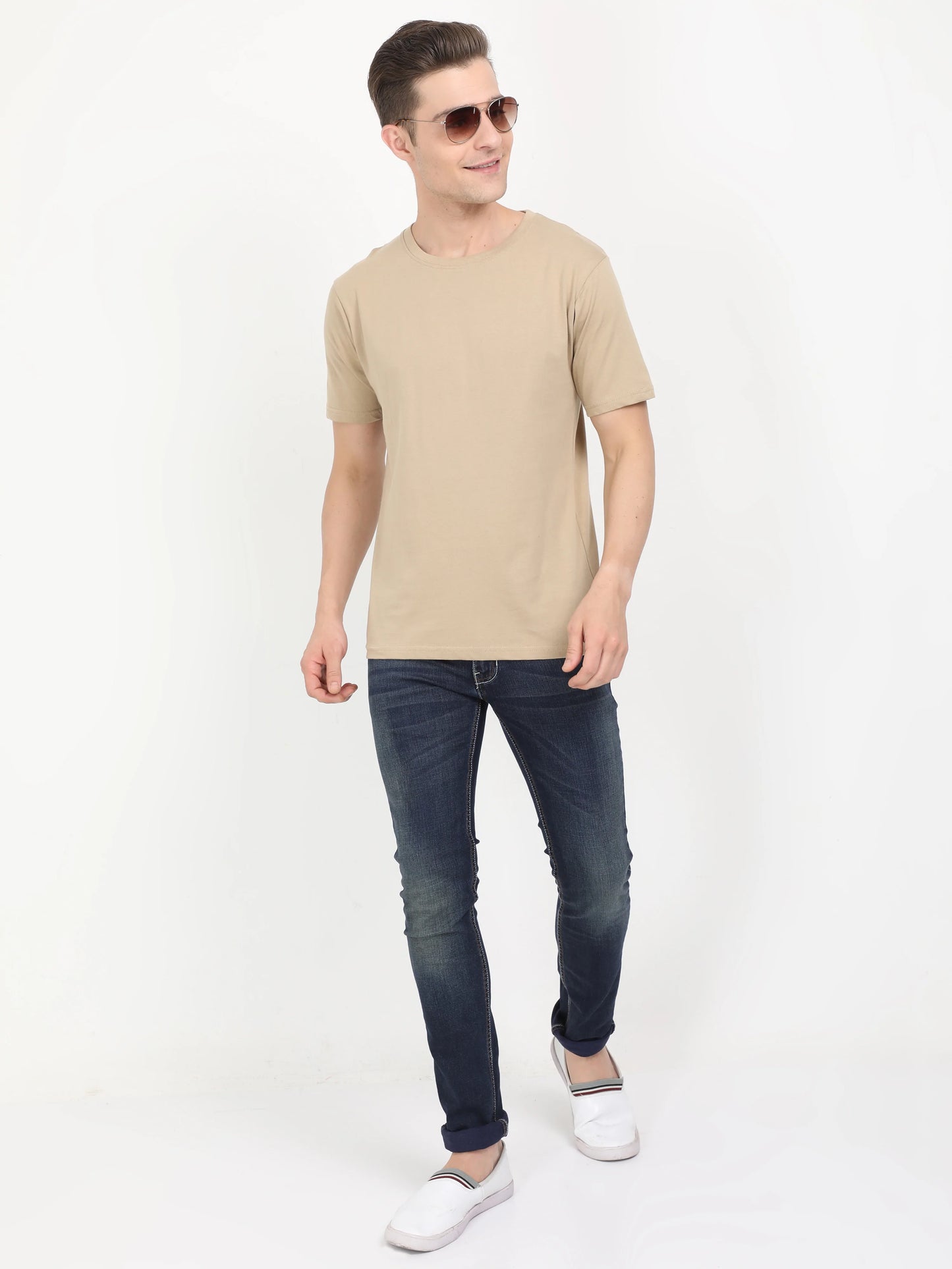 Men's Cotton Plain Round Neck Half Sleeve Biscuit Color T-Shirt