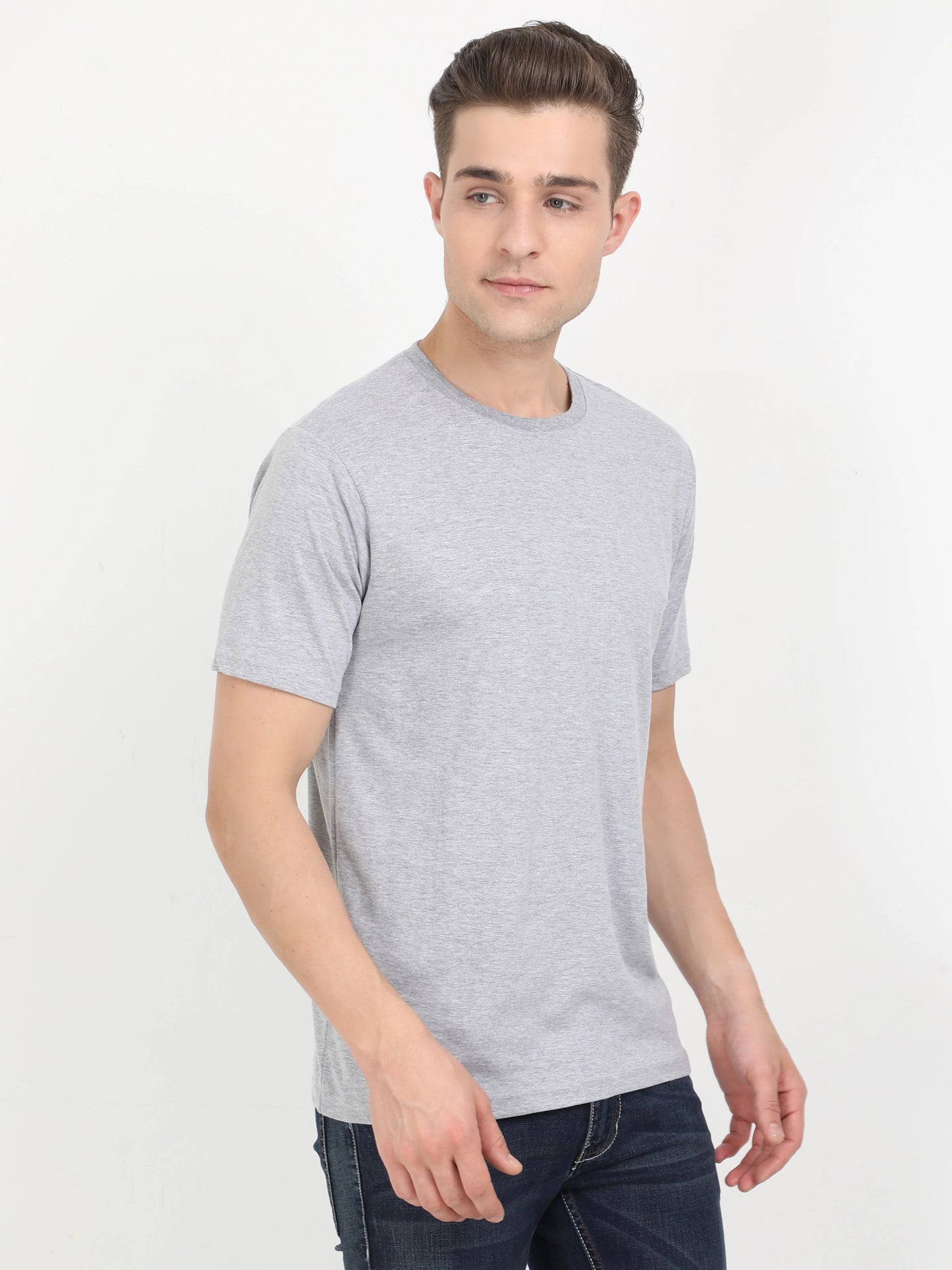 Men's Cotton Plain Round Neck Half Sleeve Grey Melange Color T-Shirt