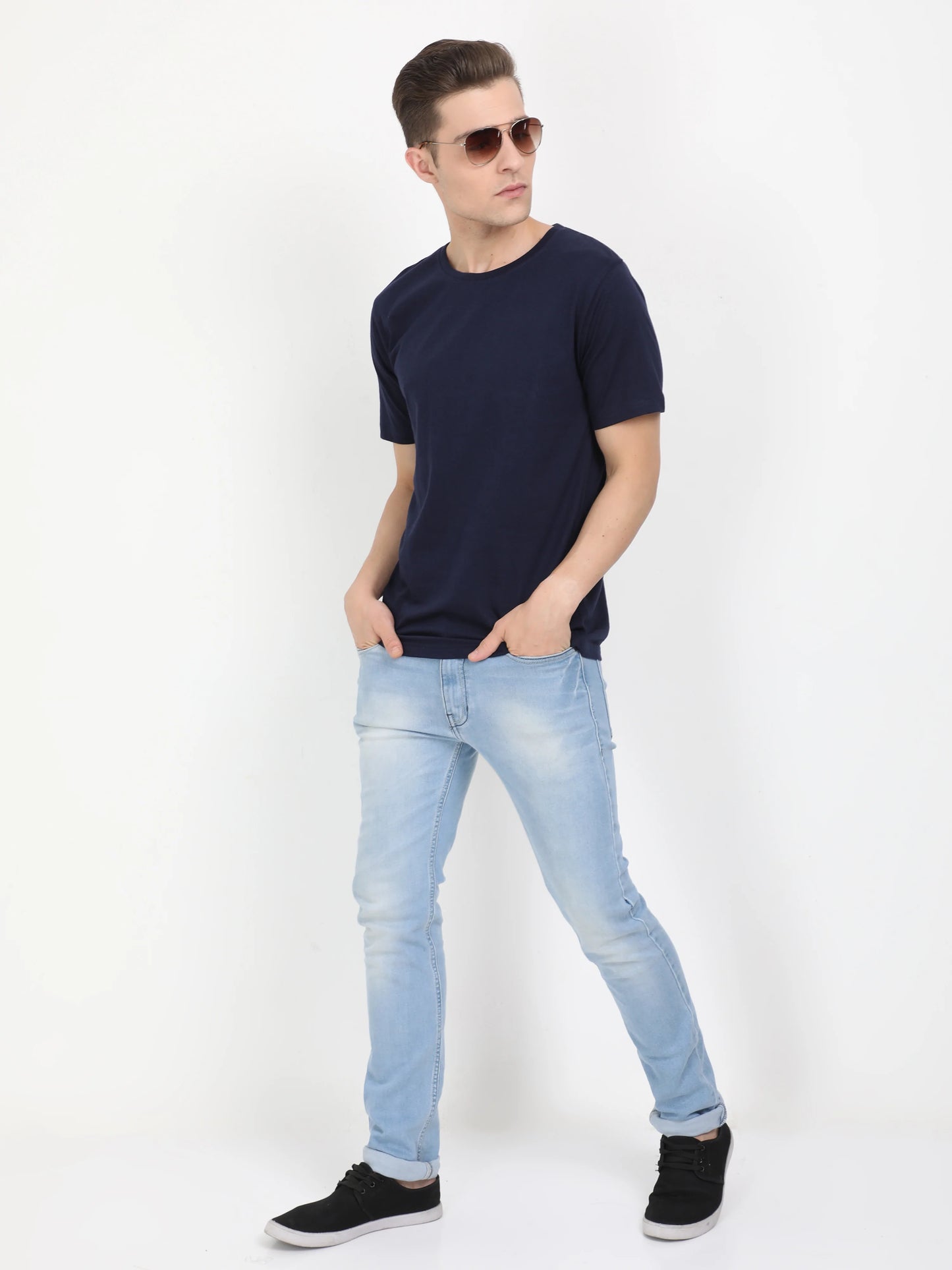 Men's Cotton Plain Round Neck Half Sleeve Navy Blue Color T-Shirt