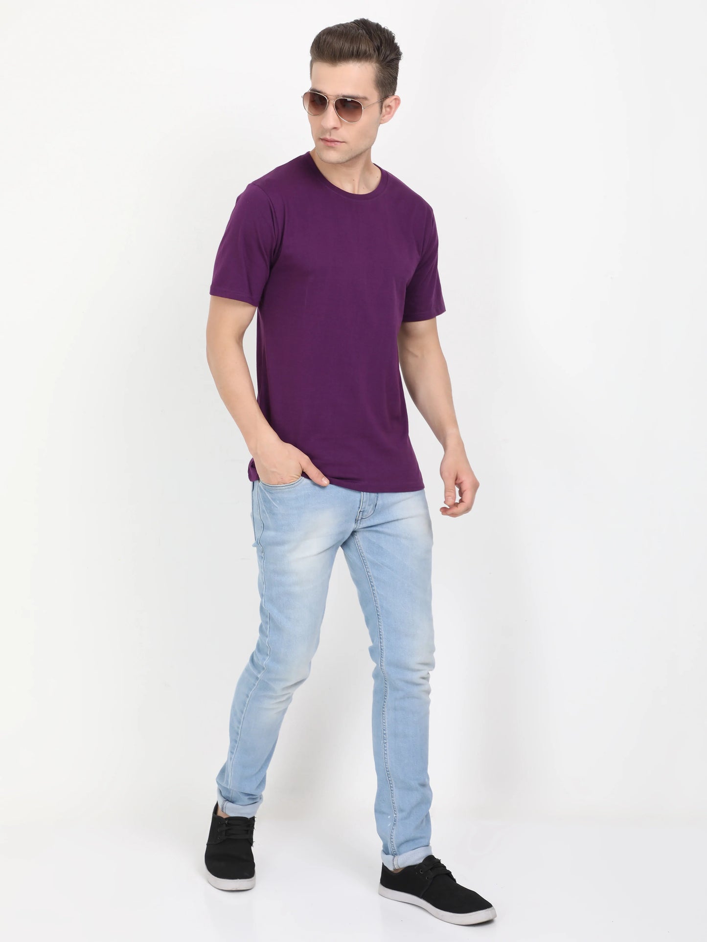 Men's Cotton Plain Round Neck Half Sleeve Purple Color T-Shirt