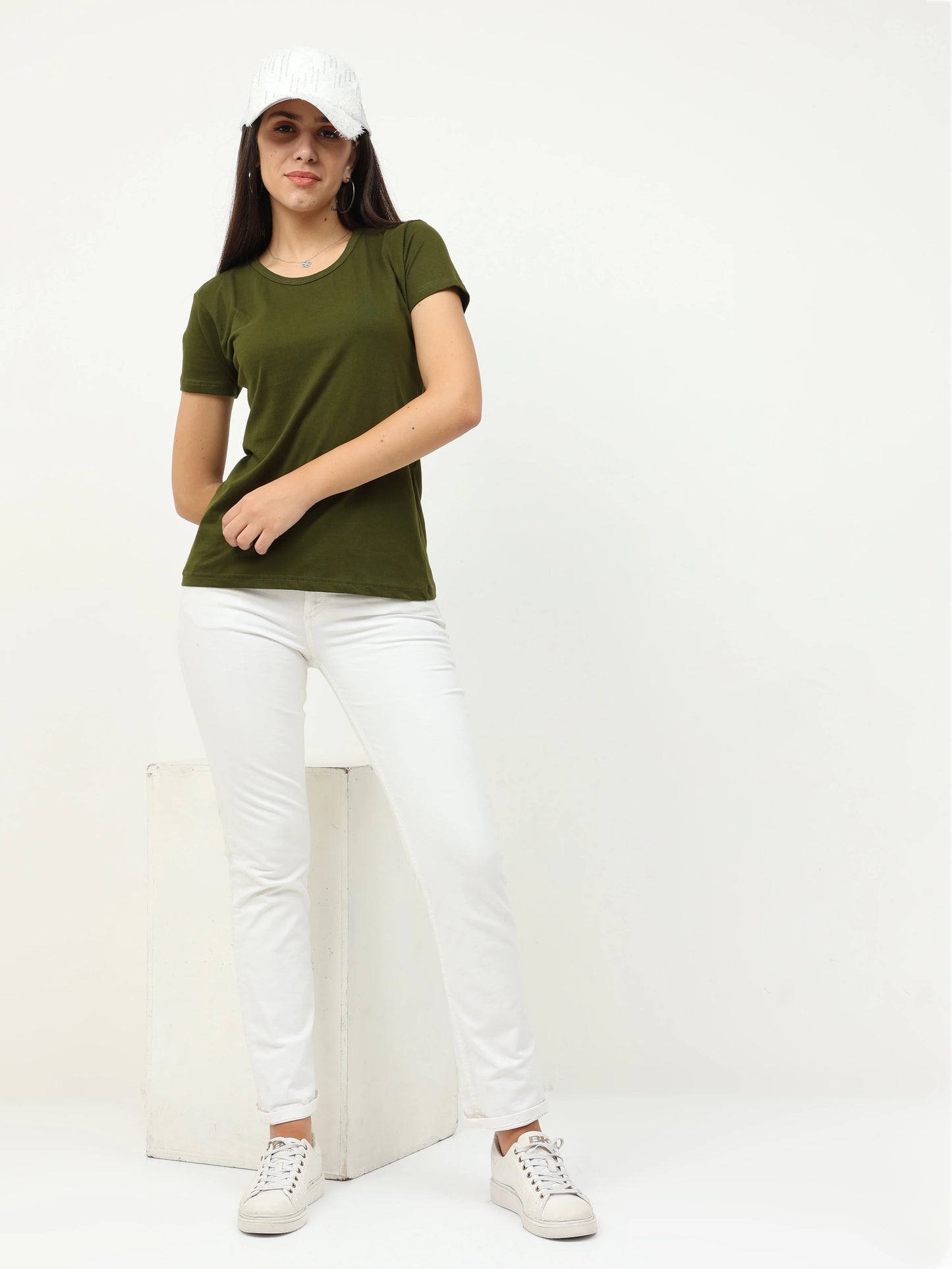 Women's Cotton Plain Round Neck Half Sleeve Olive Green Color T-Shirt