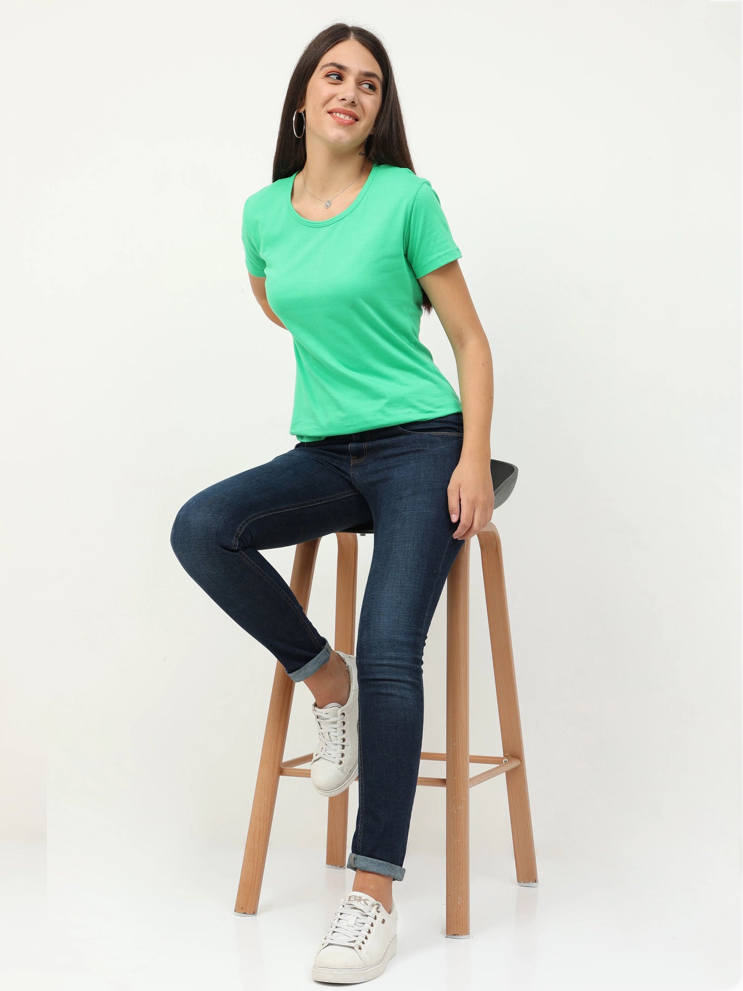 Women's Cotton Plain Round Neck Half Sleeve Pista Green Color T-Shirt
