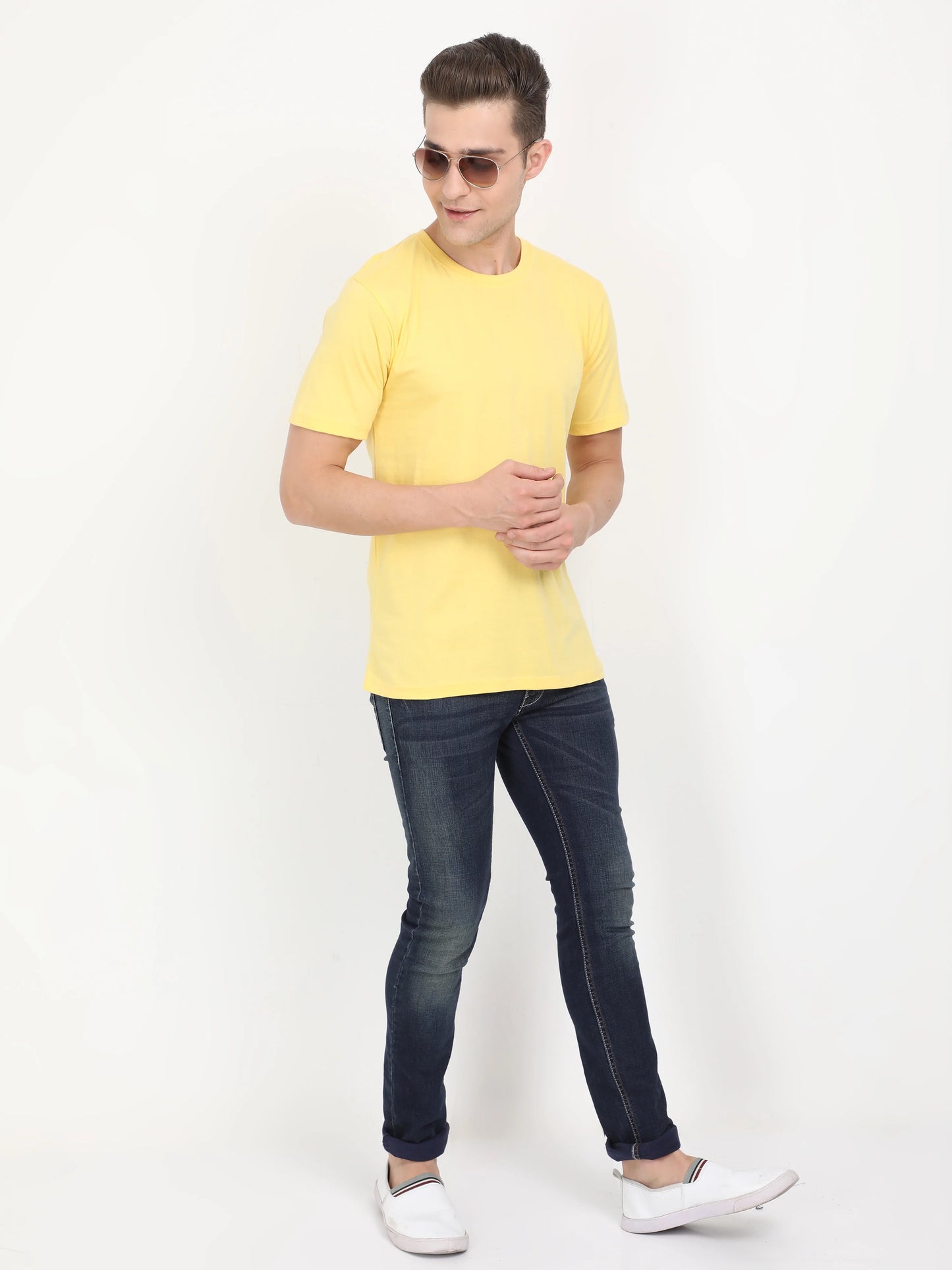 Men's Cotton Plain Round Neck Half Sleeve Yellow Color T-Shirt