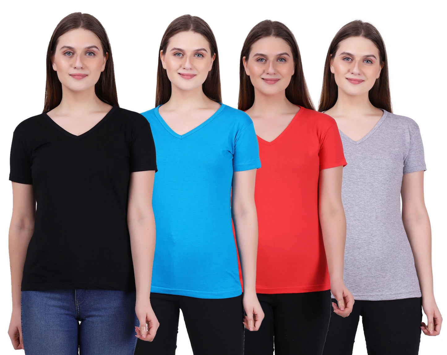 Fleximaa Women's Cotton Plain V Neck Half Sleeve T-Shirt (Pack of 4) - Fleximaa