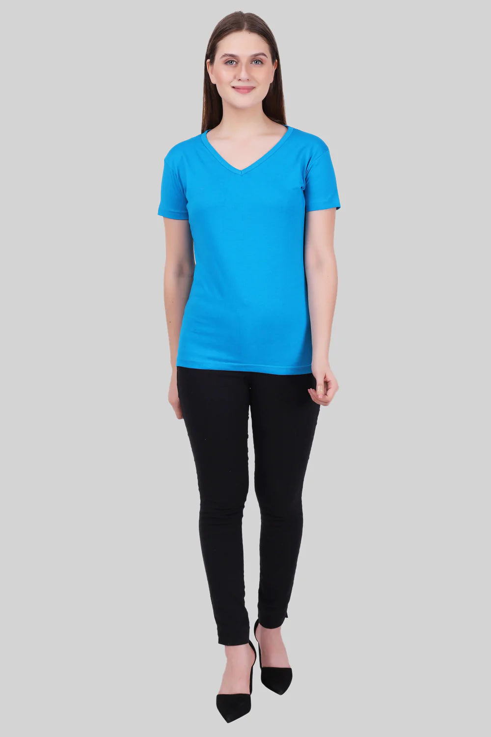 Women's Cotton Plain V Neck Half Sleeve Blue Color T-Shirt
