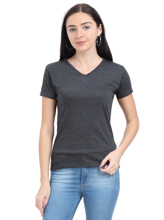 Women's Cotton Plain V Neck Half Sleeve Charcoal Melange Color T-Shirt