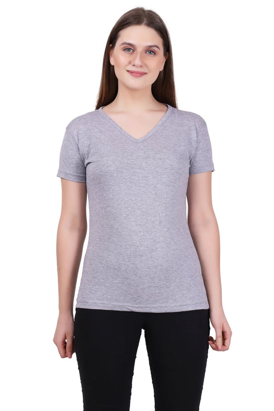 Women's Cotton Plain V Neck Half Sleeve Grey Melange Color T-Shirt