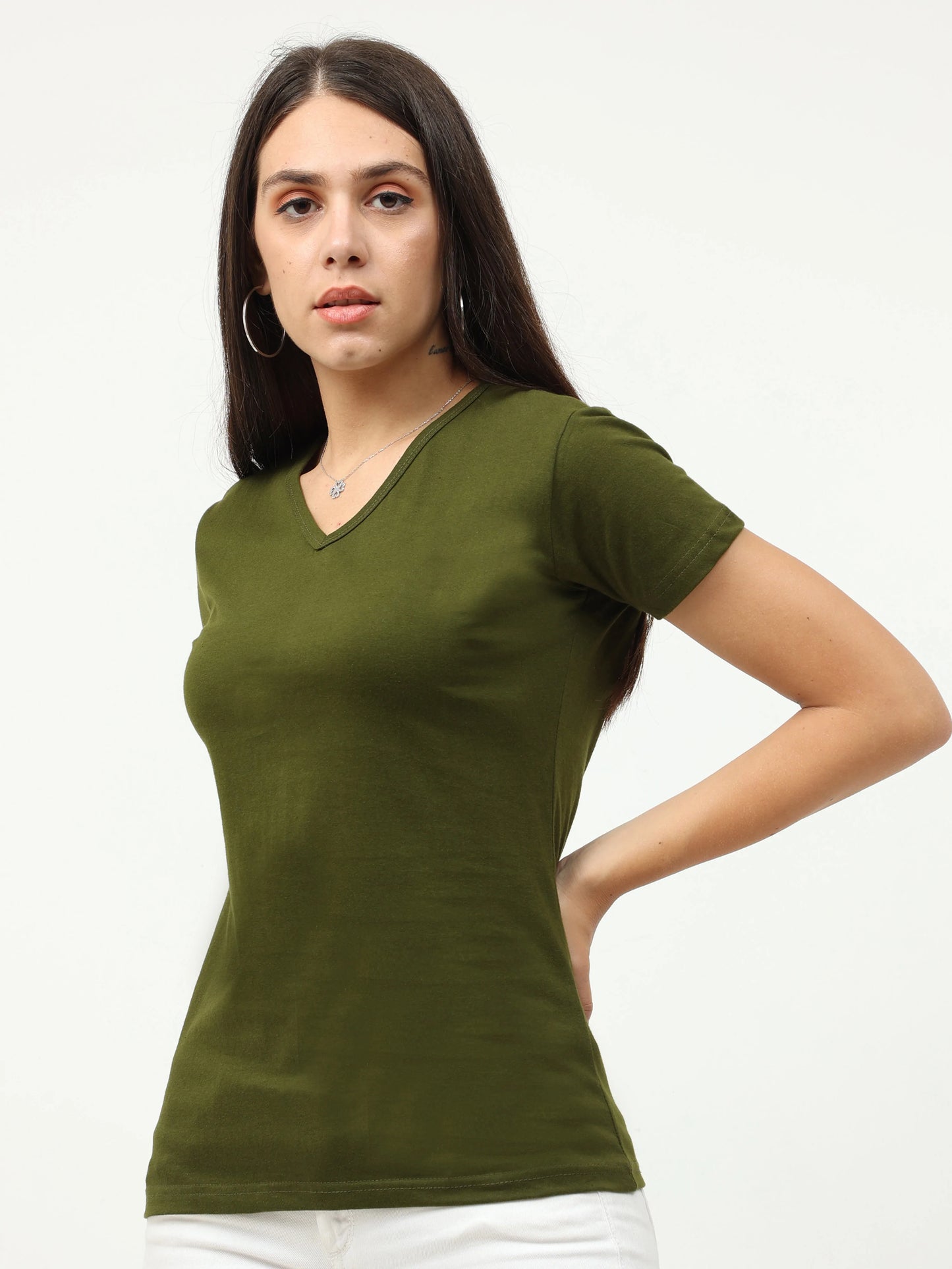 Women's Cotton Plain V Neck Half Sleeve Olive Green Color T-Shirt