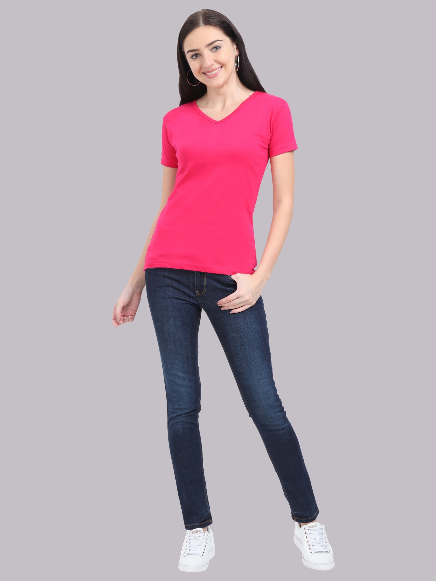 Women's Cotton Plain V Neck Half Sleeve Pink Color T-Shirt