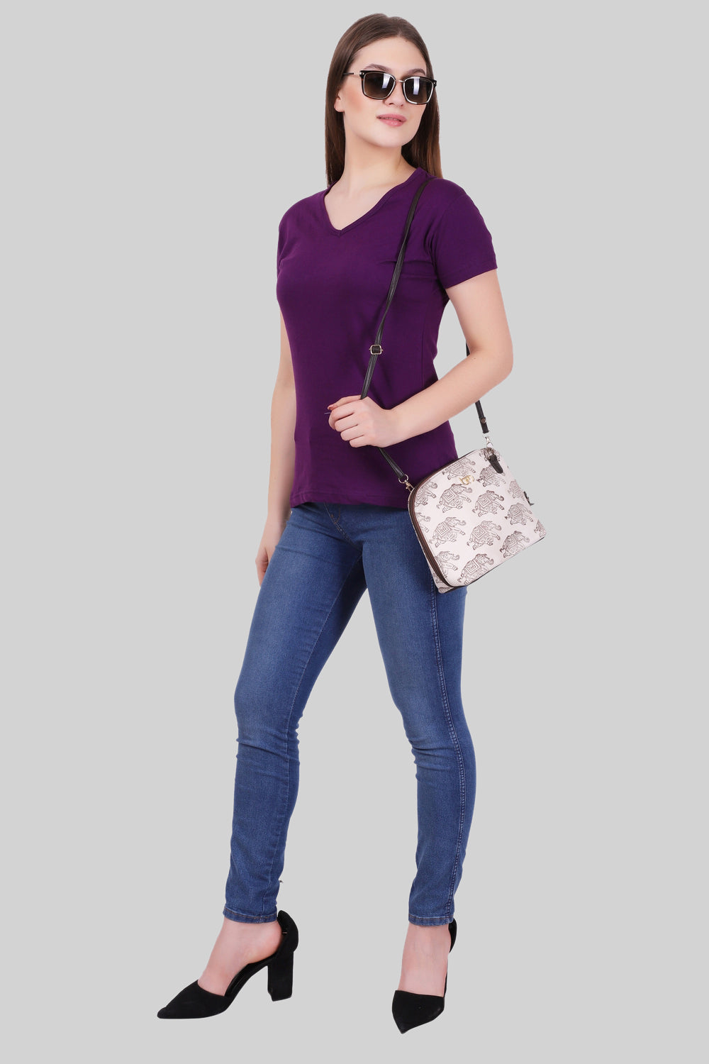 Women's Cotton Plain V Neck Half Sleeve Purple Color T-Shirt