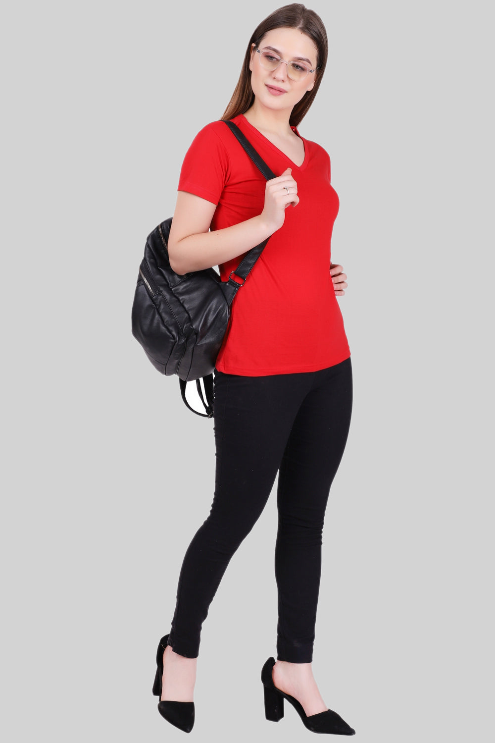 Women's Cotton Plain V Neck Half Sleeve Red Color T-Shirt