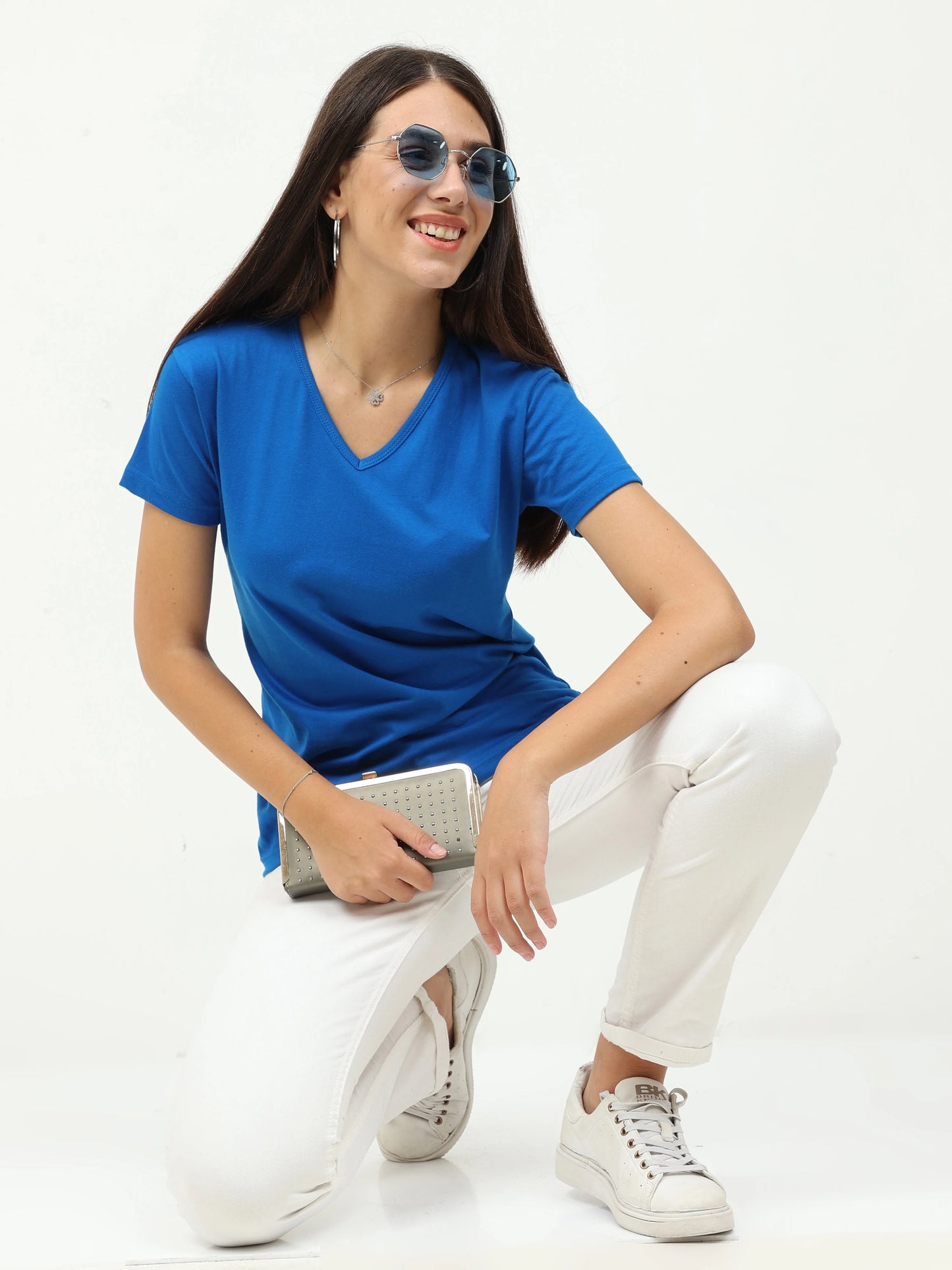 Women's Cotton Plain V Neck Half Sleeve Royal Blue Color T-Shirt