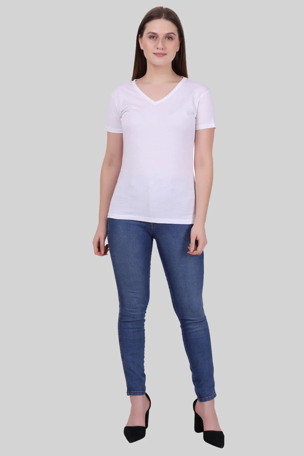 Women's Cotton Plain V Neck Half Sleeve White Color T-Shirt