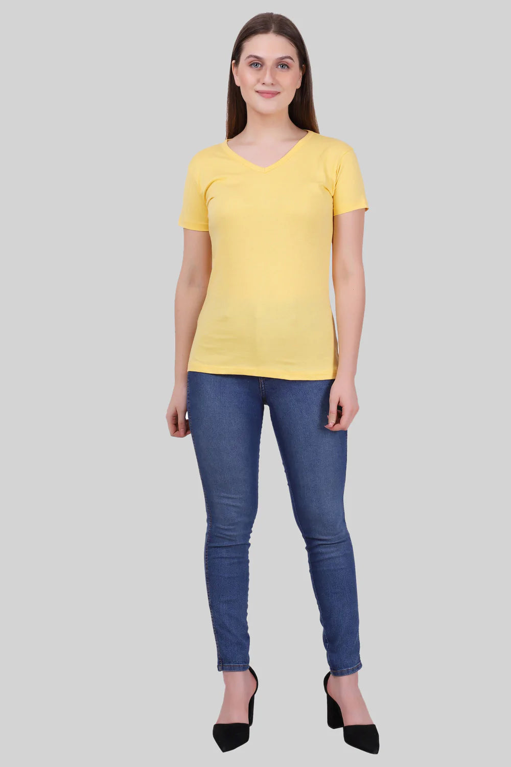 Women's Cotton Plain V Neck Half Sleeve Yellow Color T-Shirt