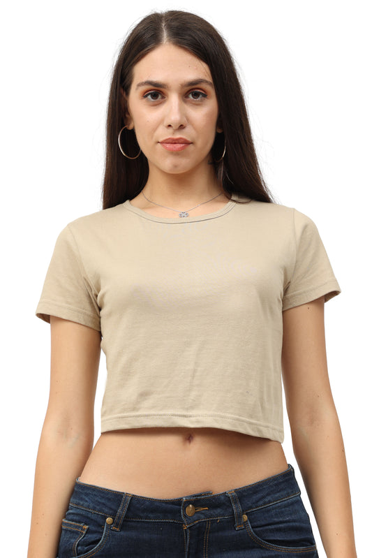 Women's Cotton Plain Round Neck Biscuit Color Crop Top